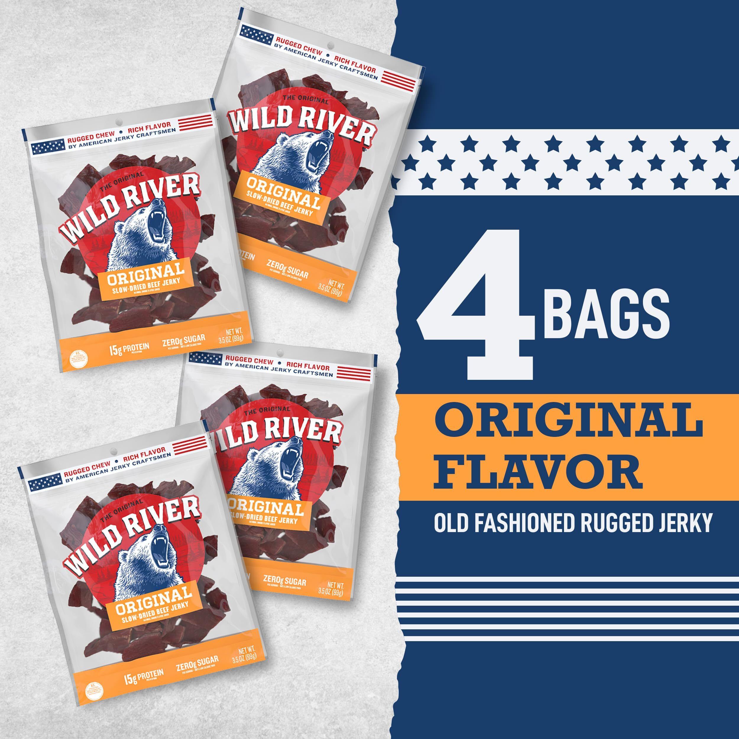 Wild River Original Beef Jerky, Old Fashioned Beef Jerky, Gluten Free, Deliciously Seasoned, Savory Meat Snack For Lunches, Ready To Eat, Made With 100% Beef, 15G Of Protein, 3.5 Ounce (Pack Of 4)