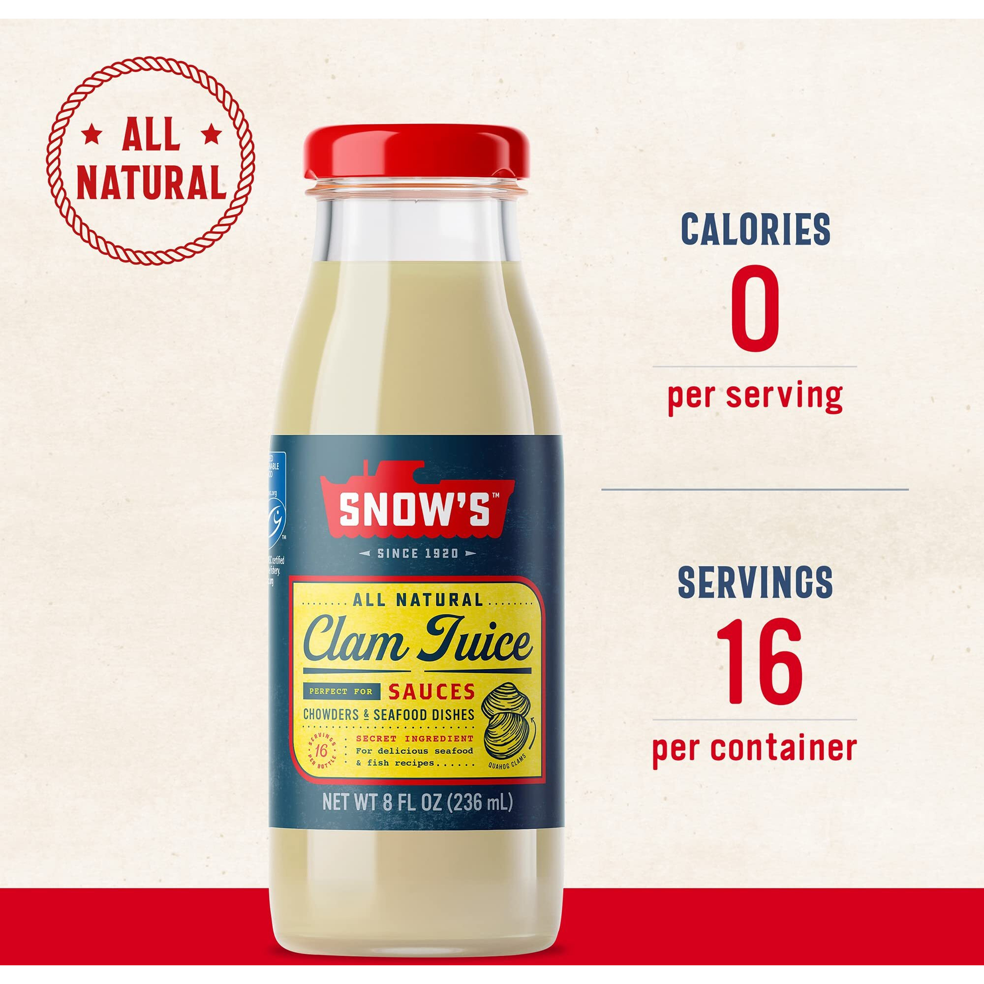 Snow's All Natural Clam Juice, 8 Oz Bottle (Pack Of 12) - Gluten Free, Keto Friendly - Great For Pasta & Seafood Recipes