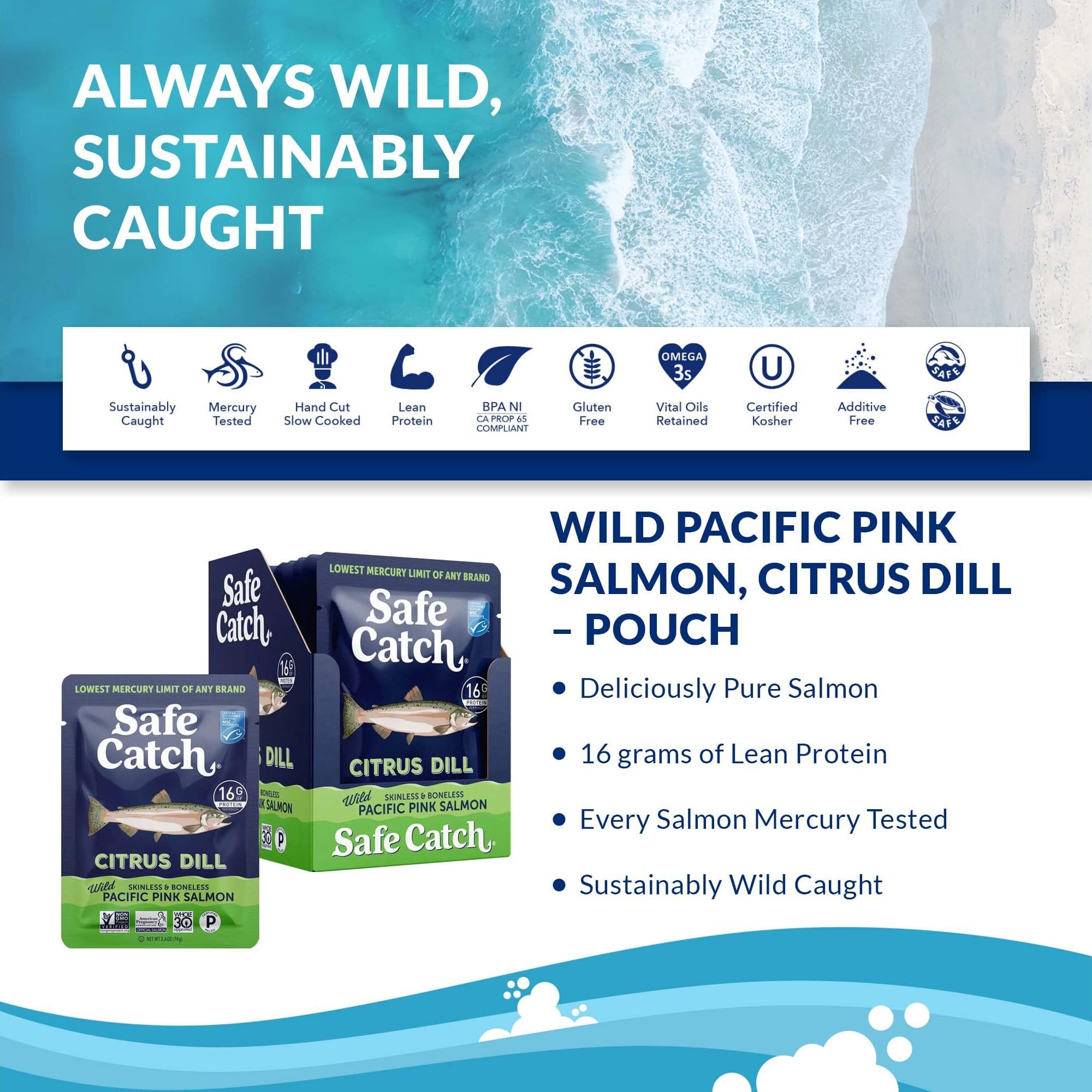 Safe Catch Skinless And Boneless Wild Pacific Pink Salmon Pouch, Citrus Dill Seasoned, Mercury Tested, Kosher, 2.6Oz Pouches, Pack Of 12