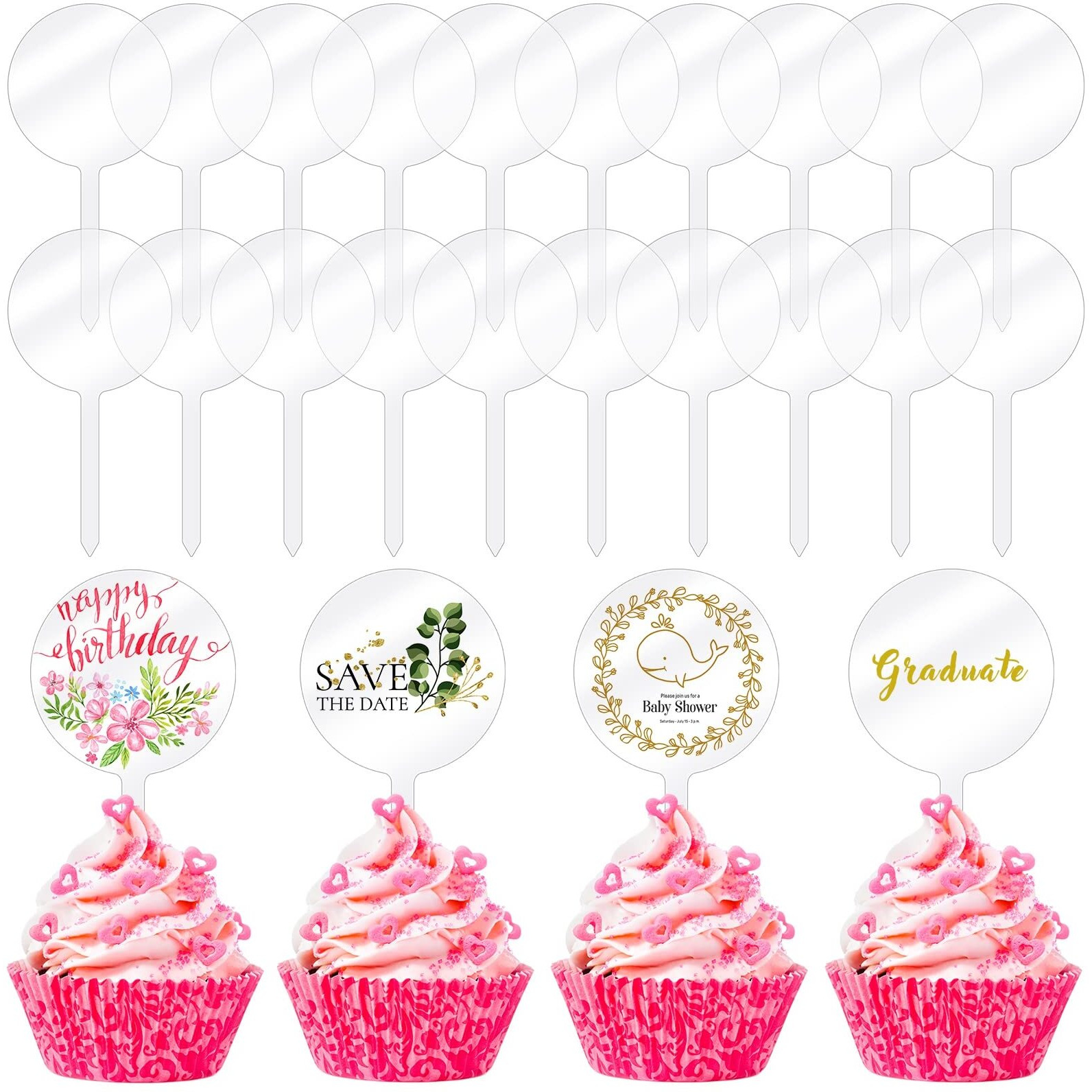 30 Pack 2 Inch Circle Acrylic Cupcake Toppers, Diy Clear Round Blank Cake Toppers Personalized Cupcake Toppers With Sticks For Birthday Party, Wedding, Engagement, Baby Shower Cake Decoration