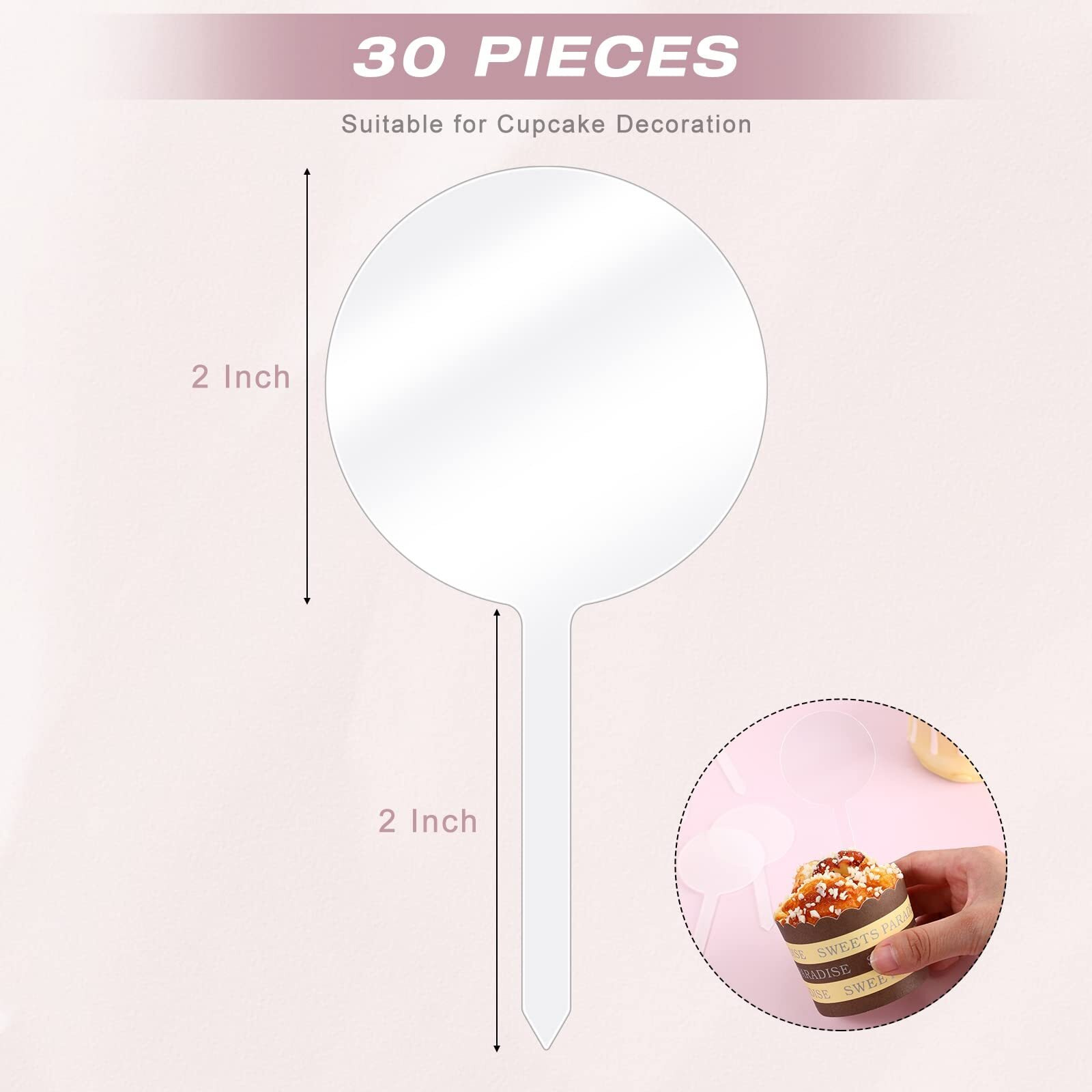 30 Pack 2 Inch Circle Acrylic Cupcake Toppers, Diy Clear Round Blank Cake Toppers Personalized Cupcake Toppers With Sticks For Birthday Party, Wedding, Engagement, Baby Shower Cake Decoration