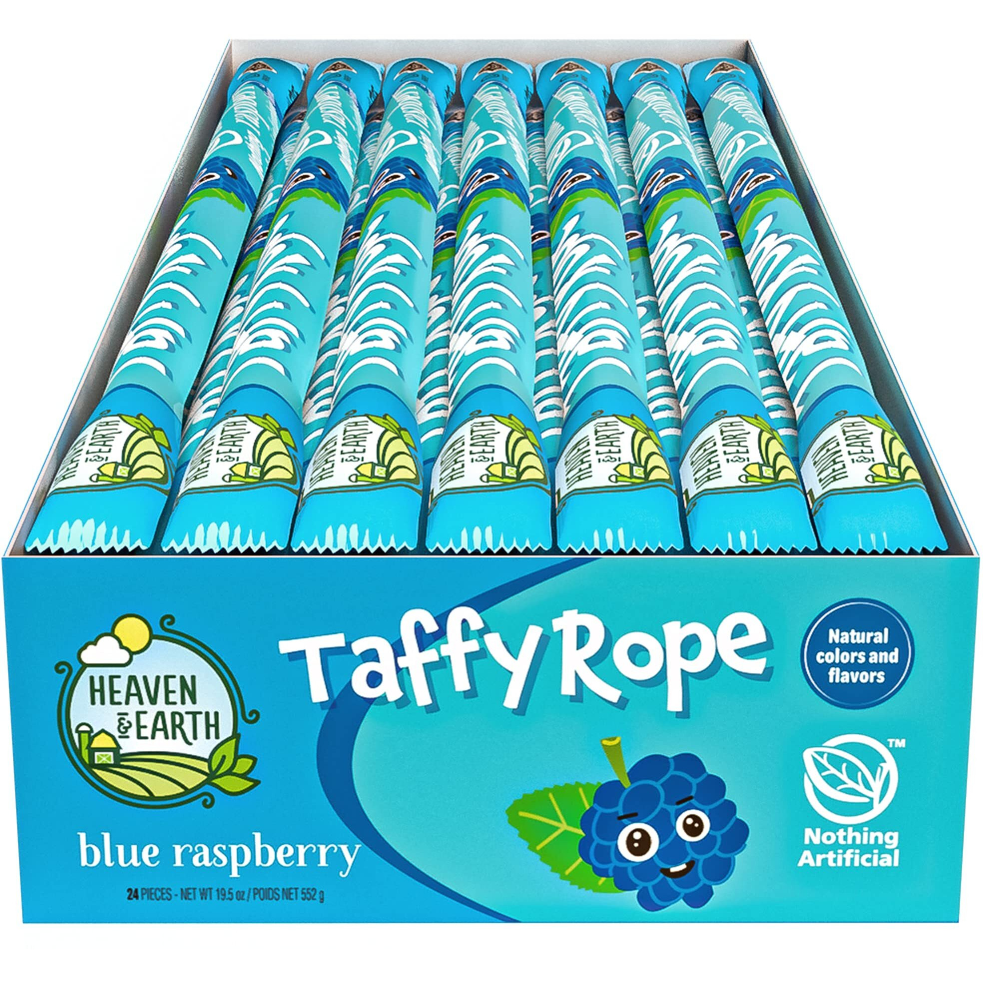 Heaven & Earth Blue Raspberry Taffy Rope 19.5Oz (24 Pack) | Made With Natural Colors & Flavors, No High Fructose Corn Syrup, Gluten Free, Nothing Artificial, Wonderfully Delicious
