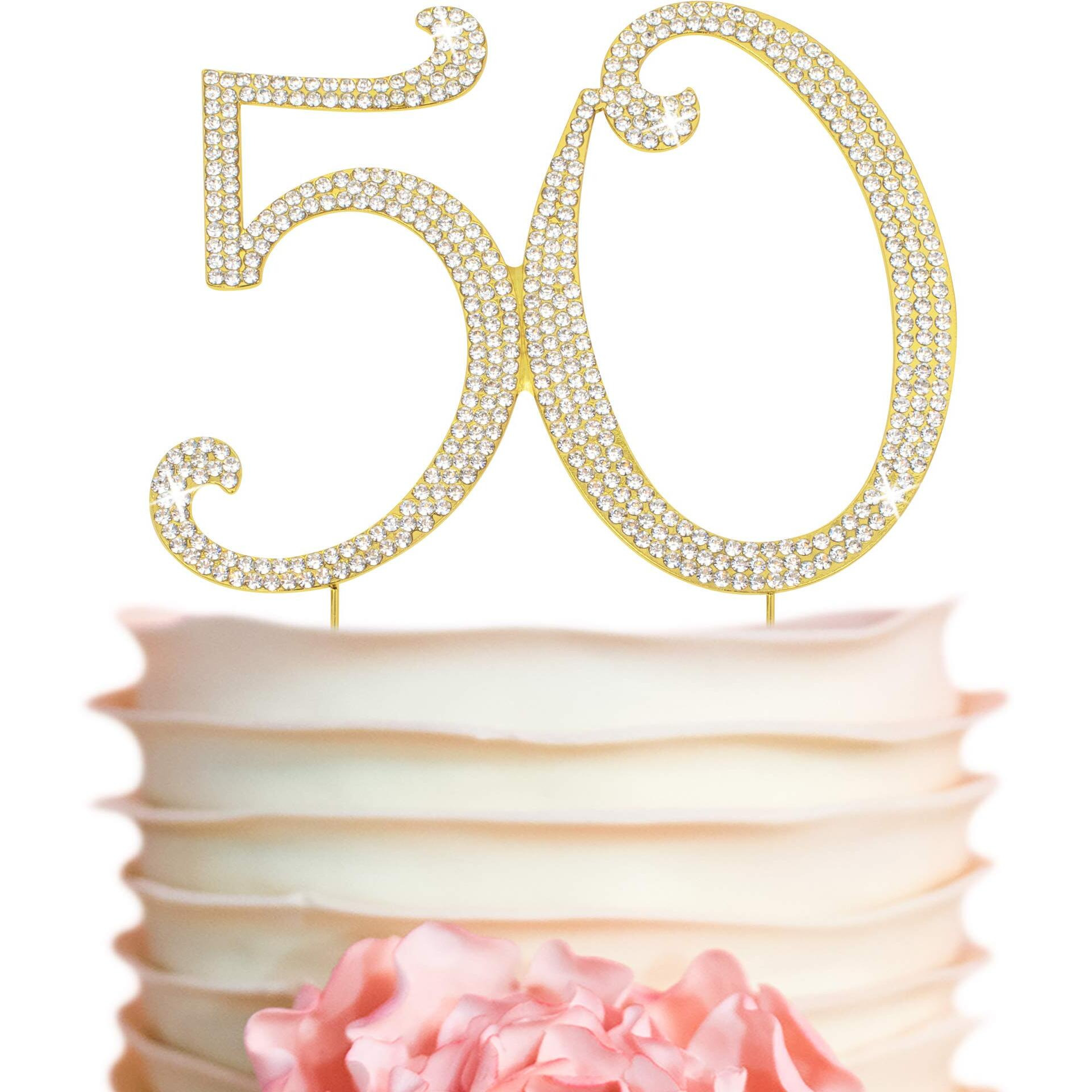 50 Cake Topper - Premium Gold Metal - 50Th Birthday Or Golden Anniversary Party Sparkly Rhinestone Decoration Makes A Great Centerpiece - Now Protected In A Box