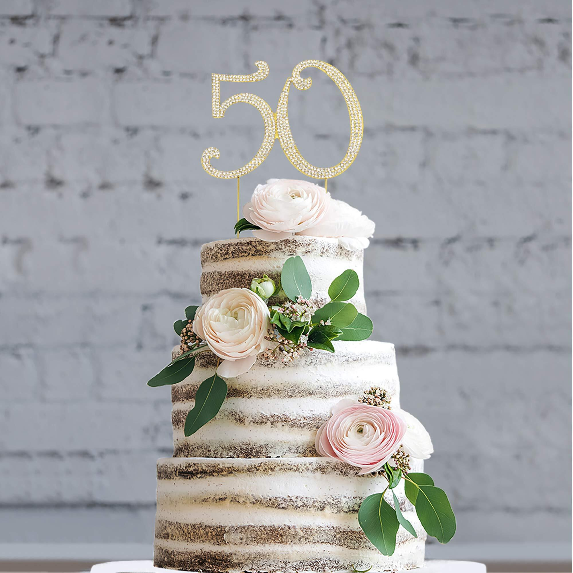 50 Cake Topper - Premium Gold Metal - 50Th Birthday Or Golden Anniversary Party Sparkly Rhinestone Decoration Makes A Great Centerpiece - Now Protected In A Box