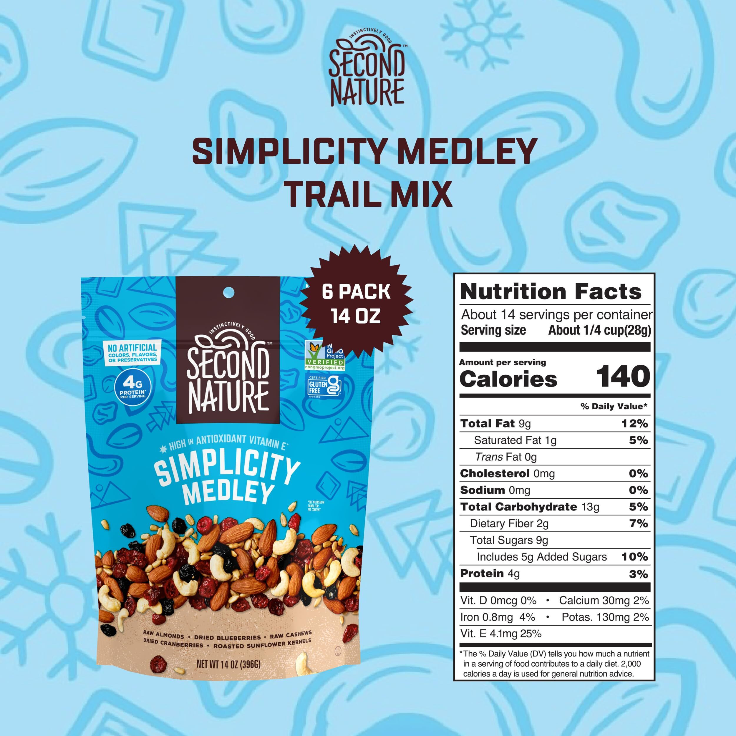 Second Nature Simplicity Medley Trail Mix - 14 Oz Resealable Snack Pouches (Pack Of 6), Certified Gluten-Free Snack - Dried Fruit And Nut Trail Mix, Ideal For Travel Snacks