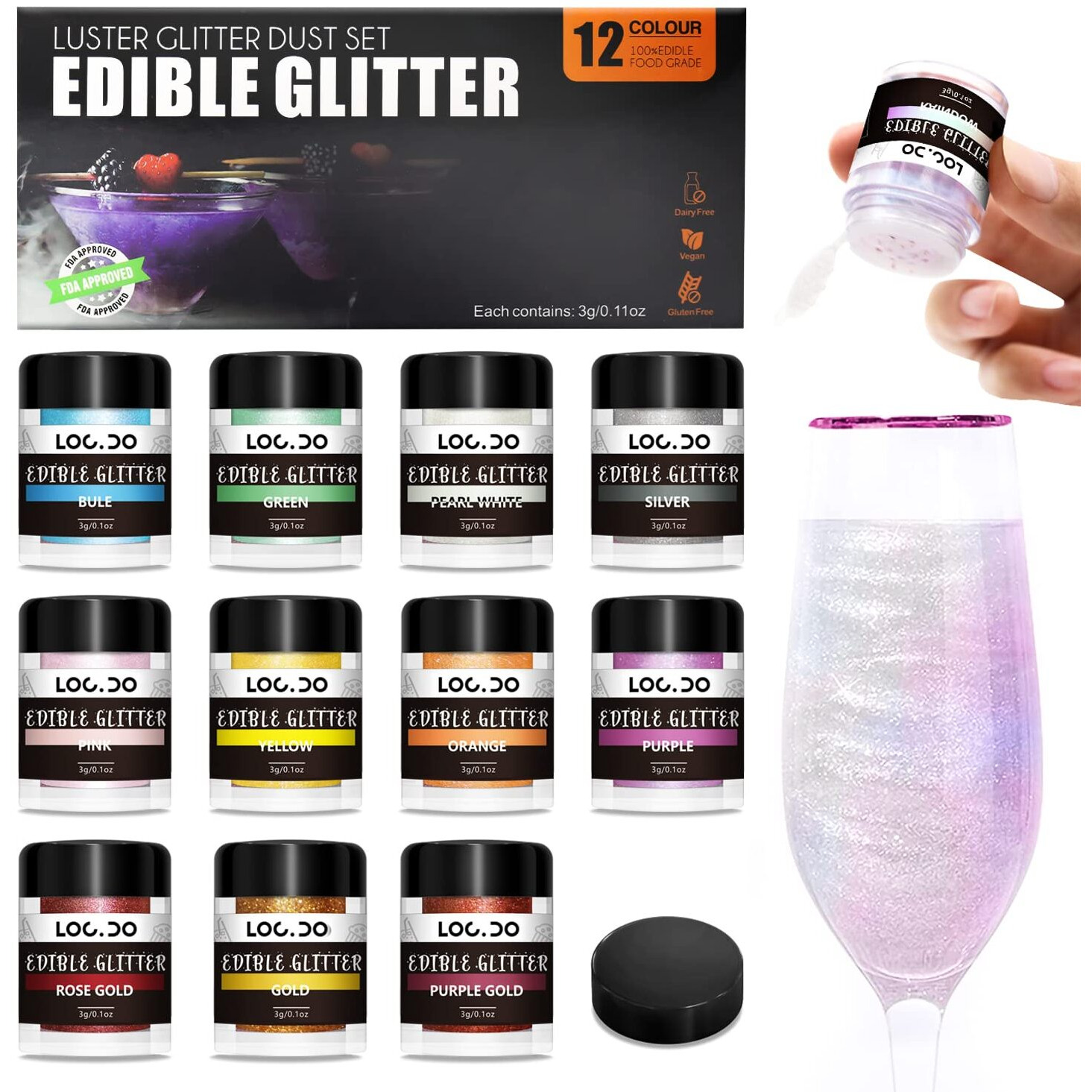 Edible Glitter 11+1 Colors Set, Food Grade Luster Dust, Edible Glitter For Drinks, Beer, Cake Decorating, Chocolates, Fondant, Strawberries, Cupcakes, Vegan And Gluten Free (3G/Bottle)