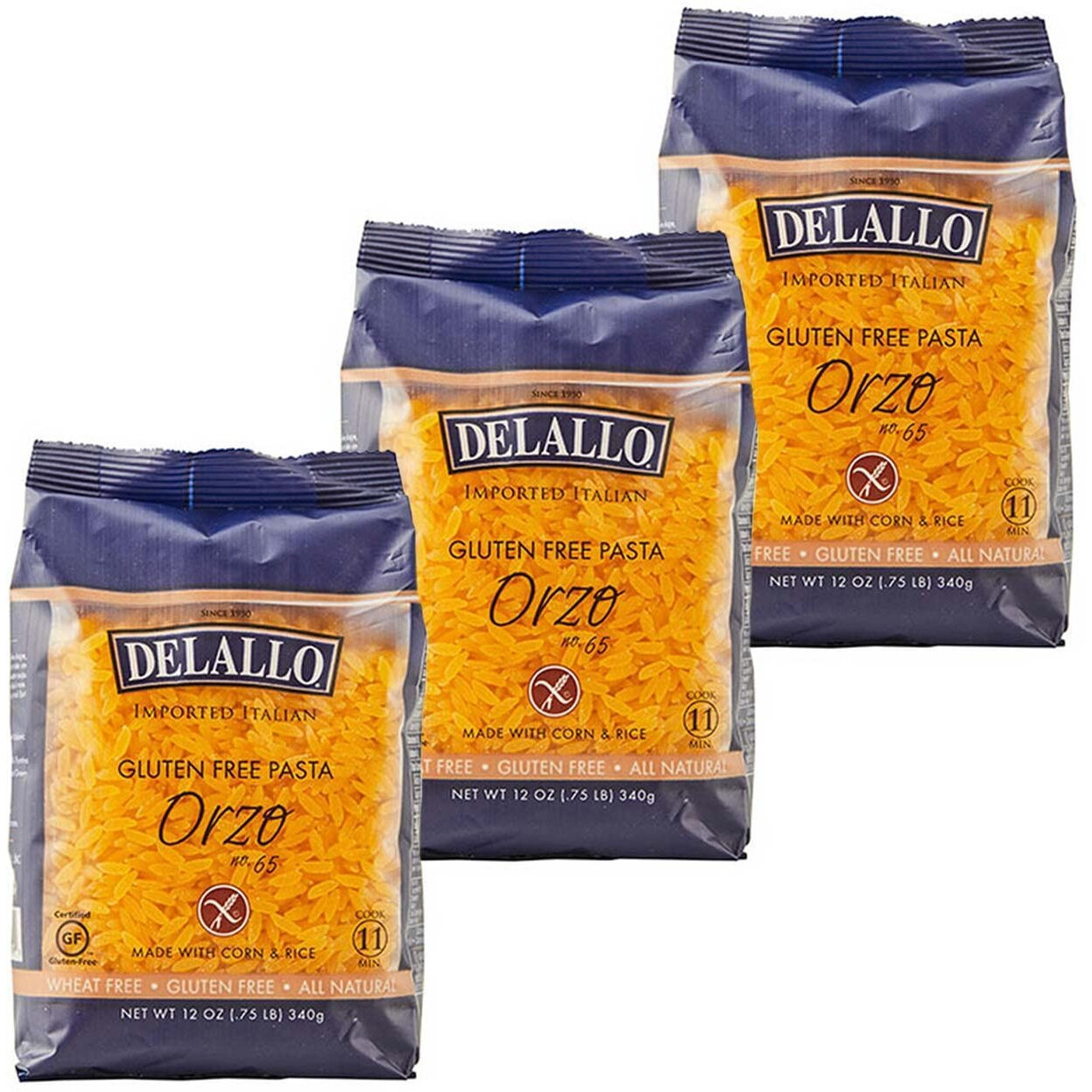 Delallo Gluten Free Orzo Pasta, Made With Corn & Rice, Wheat Free, 12Oz Bag, 3-Pack