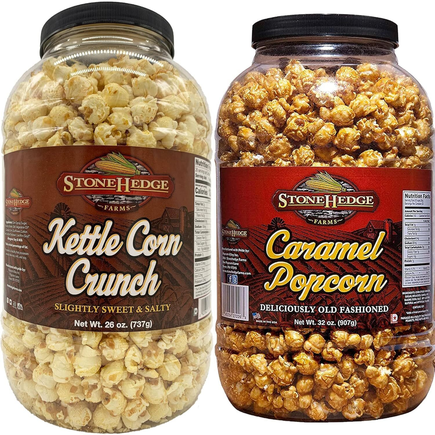 Stonehedge Farms Caramel And Kettle Flavored Popcorn Barrels - 30 Ounce Reclosable Barrels - Two Pack - Made In Usa - Gluten Free
