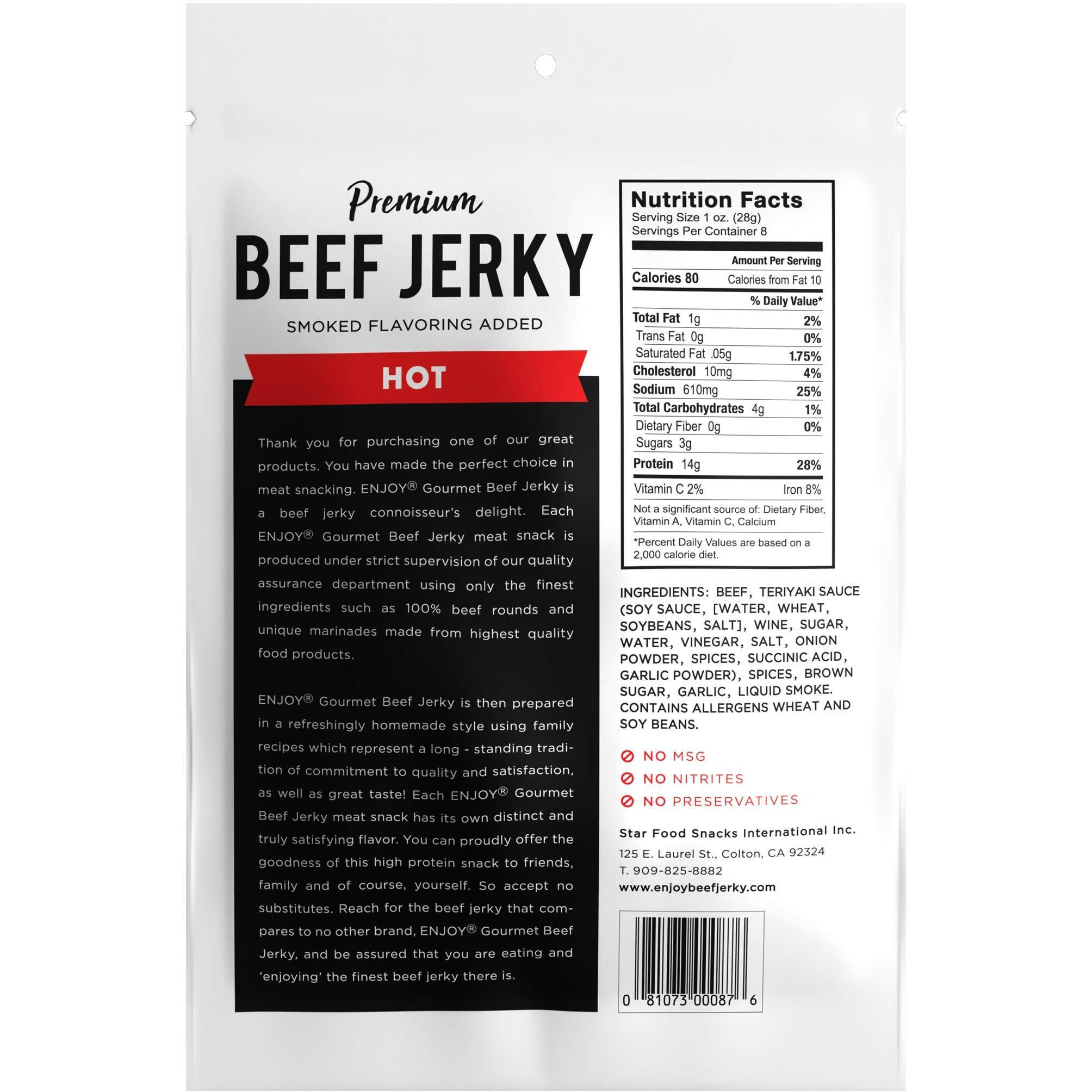 Enjoy Beef Jerky Hot | 8 Oz (Pack Of 1) | Traditional Style | Usa Made | High Protein | Low Fat | Zero Trans Fat | No Preservatives | No Msg | No Nitrites | Resealable Bag