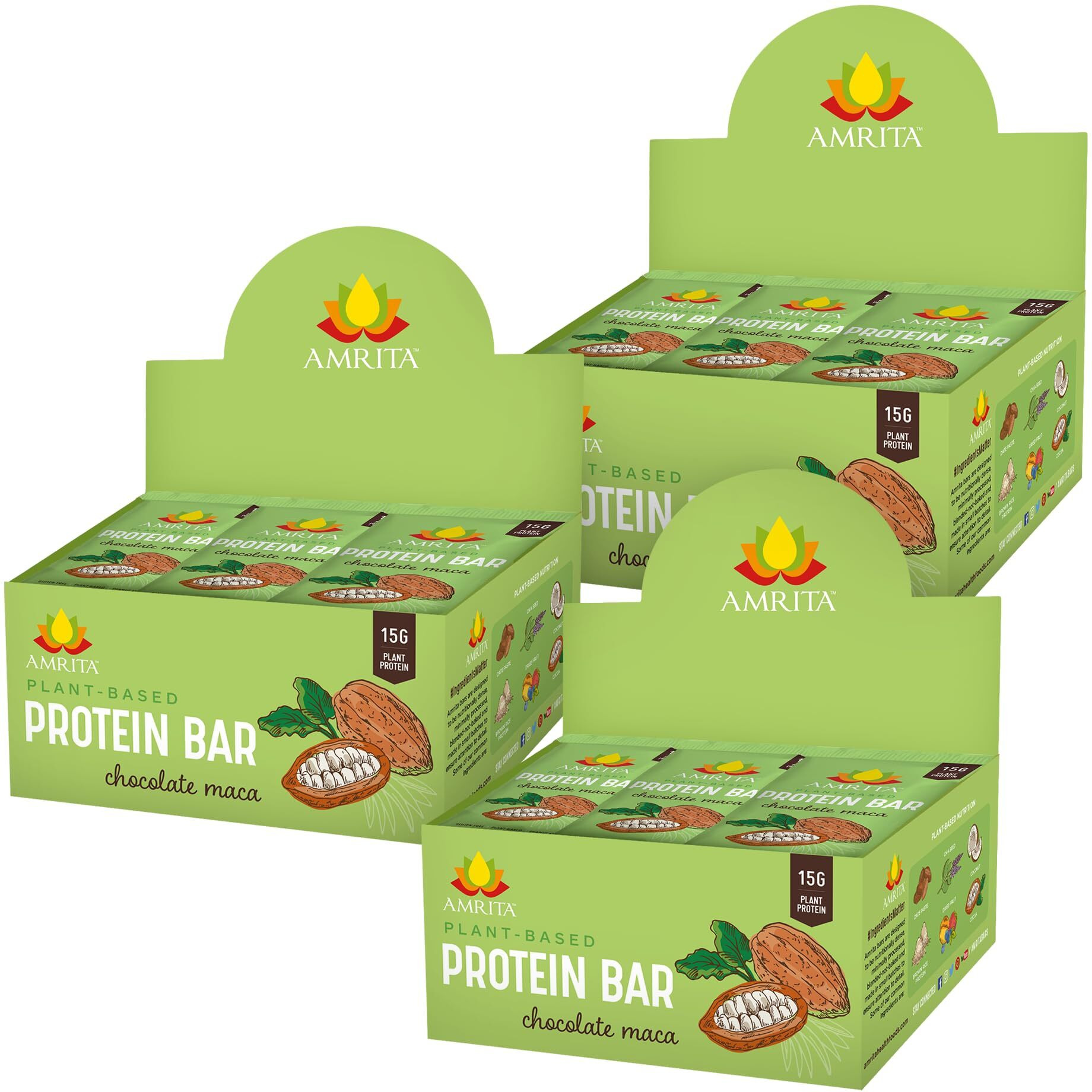 Amrita Chocolate Maca Vegan Protein Bars - Peanut/Dairy Free, Soy & Gluten Free - 15G Of Plant Based Protein Bars - High Fiber, Low Sugar Meal Replacement Bar- Breakfast Bars - High Protein Bars