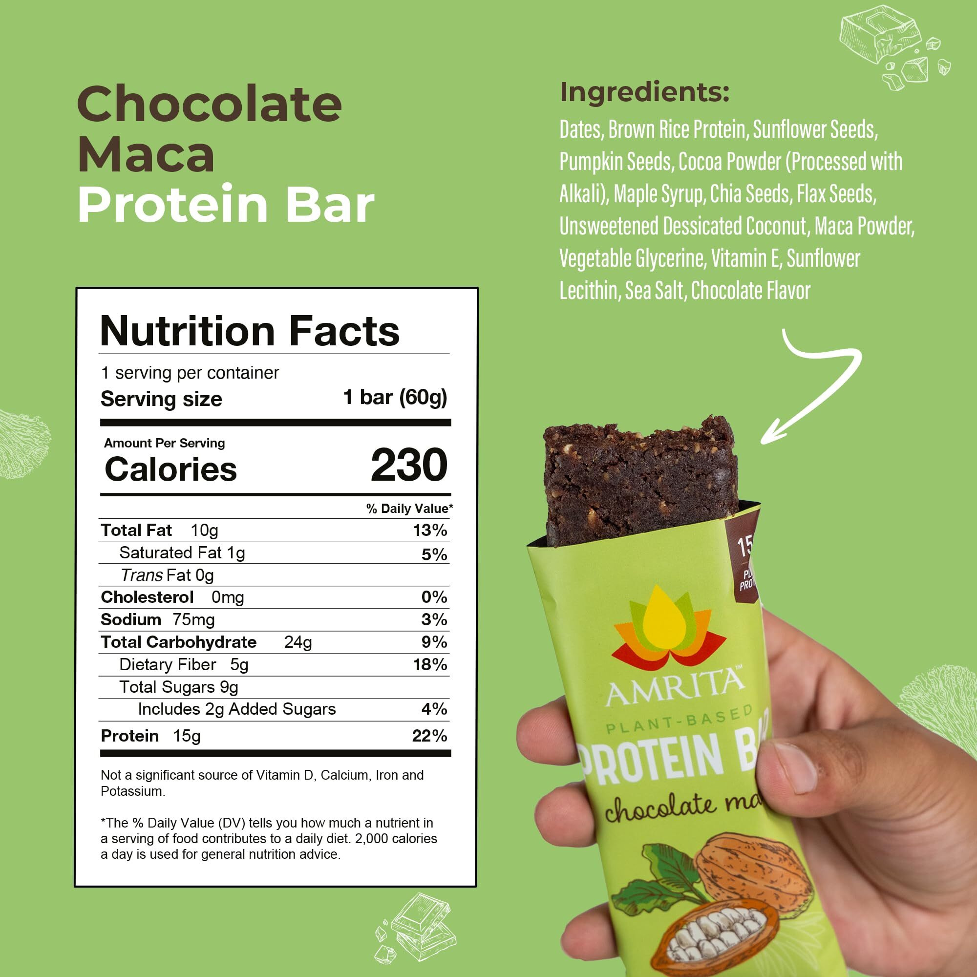 Amrita Chocolate Maca Vegan Protein Bars - Peanut/Dairy Free, Soy & Gluten Free - 15G Of Plant Based Protein Bars - High Fiber, Low Sugar Meal Replacement Bar- Breakfast Bars - High Protein Bars