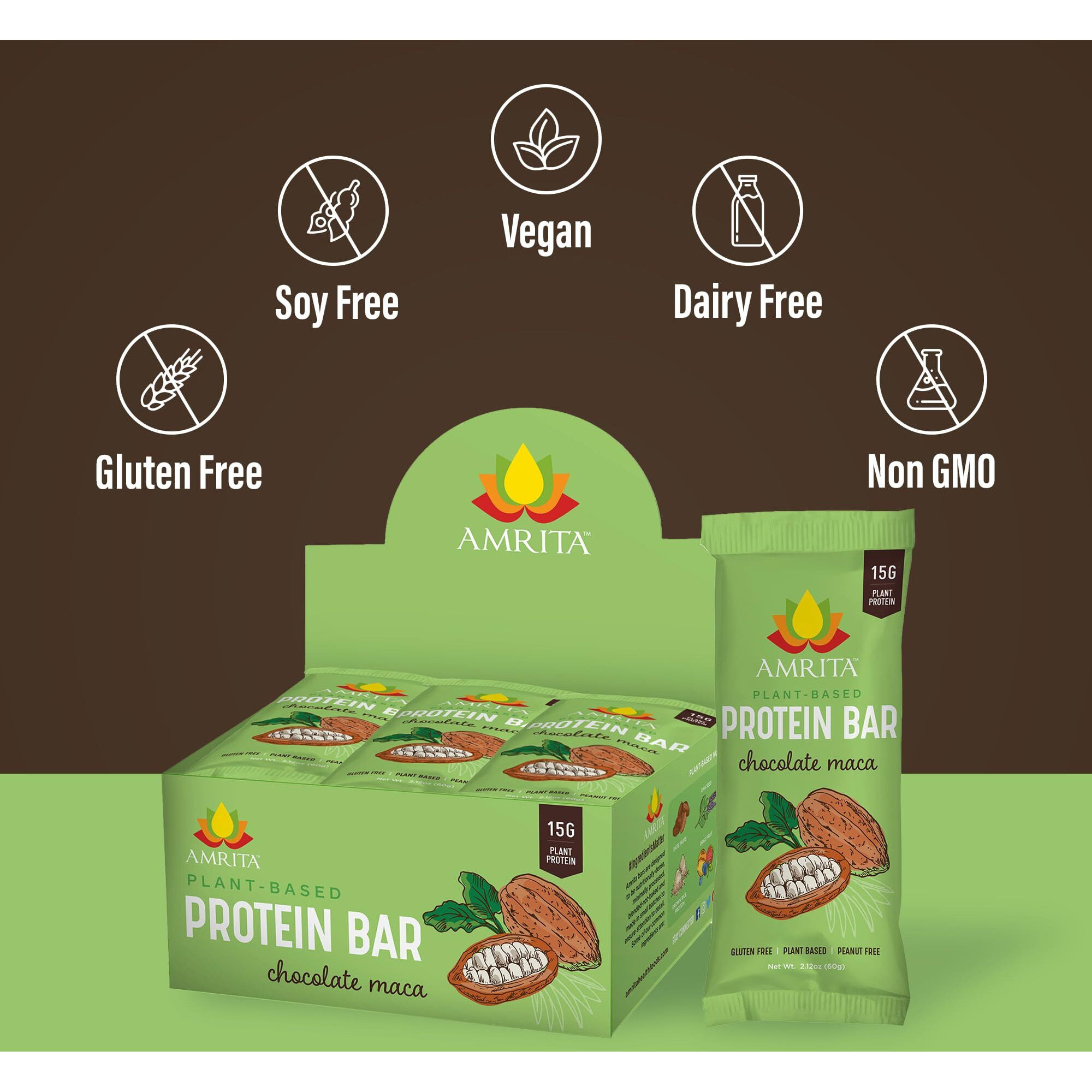 Amrita Chocolate Maca Vegan Protein Bars - Peanut/Dairy Free, Soy & Gluten Free - 15G Of Plant Based Protein Bars - High Fiber, Low Sugar Meal Replacement Bar- Breakfast Bars - High Protein Bars