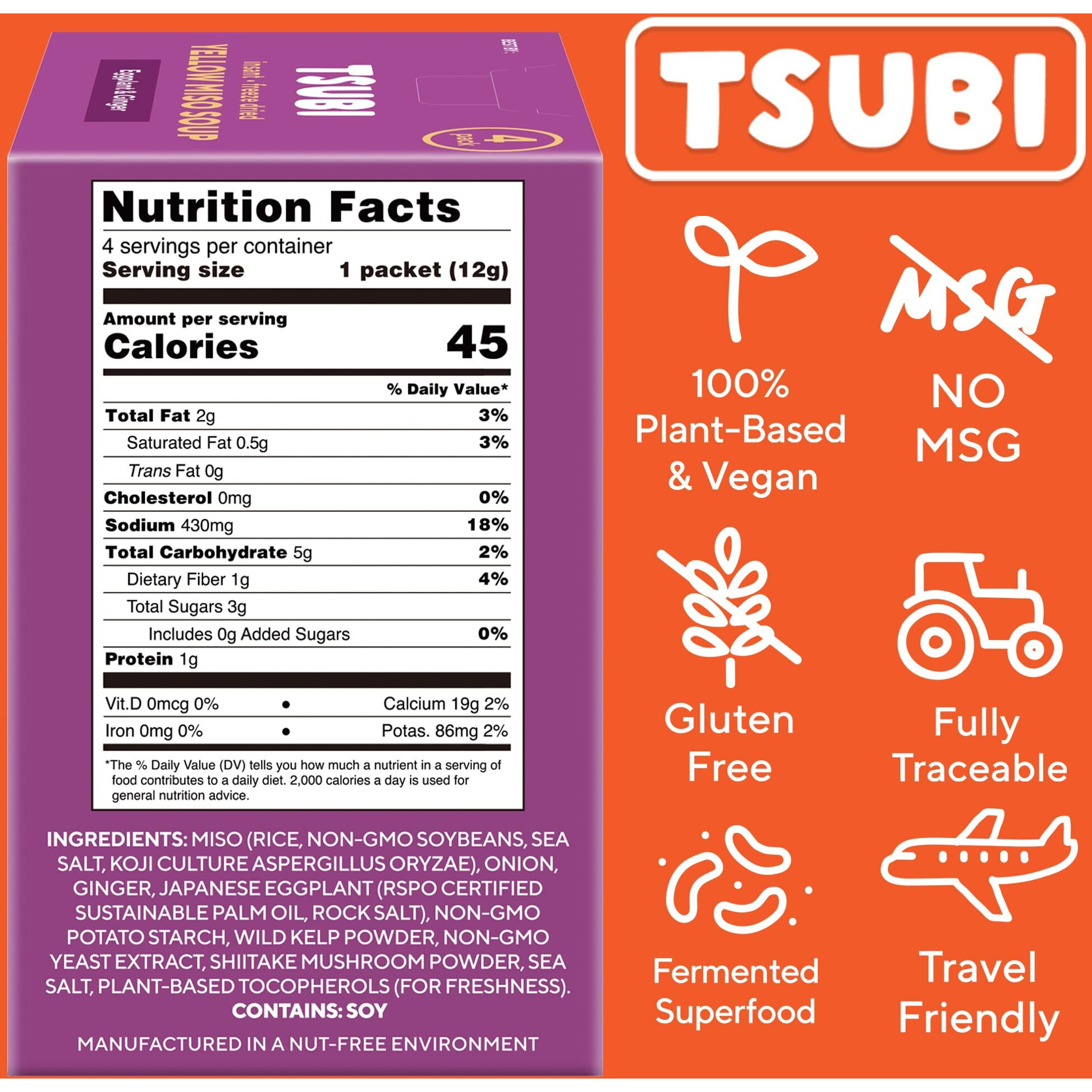Tsubi Soup Freeze-Dried Japanese Miso Soup Packets - Instant, Vegan, Easy Mix, Gluten & Msg-Free, & Flavorful - Ready In Seconds - Authentic Taste Of Japan - Yellow Miso (Eggplant & Ginger) - 4 Packs