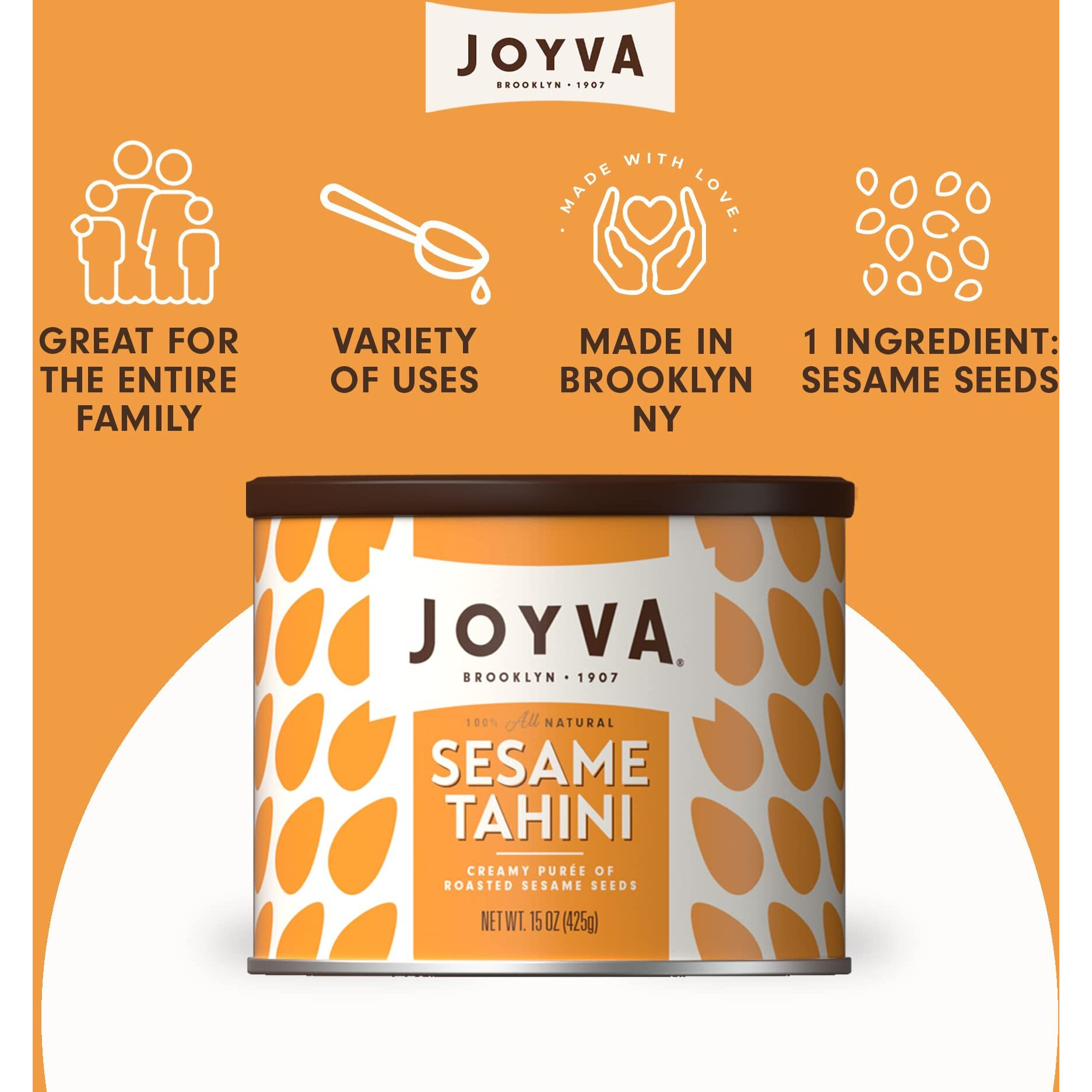 Joyva Sesame Tahini | 15Oz Tins | 100% Pure Roasted Sesame Seed Pur  E | Silky Smooth & Creamy | Mildly Nutty | All-Natural Superfood | Non-Gmo, Gluten Free, Kosher & Vegan | Paleo & Keto Friendly (15 Ounce (Pack Of 1))