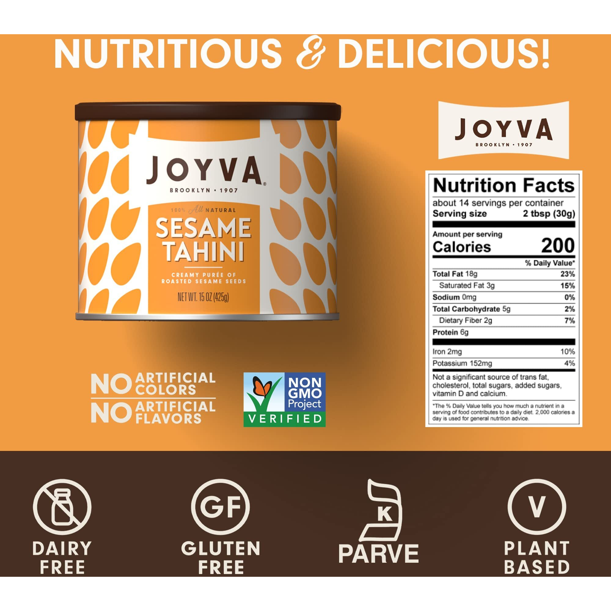 Joyva Sesame Tahini | 15Oz Tins | 100% Pure Roasted Sesame Seed Pur  E | Silky Smooth & Creamy | Mildly Nutty | All-Natural Superfood | Non-Gmo, Gluten Free, Kosher & Vegan | Paleo & Keto Friendly (15 Ounce (Pack Of 1))