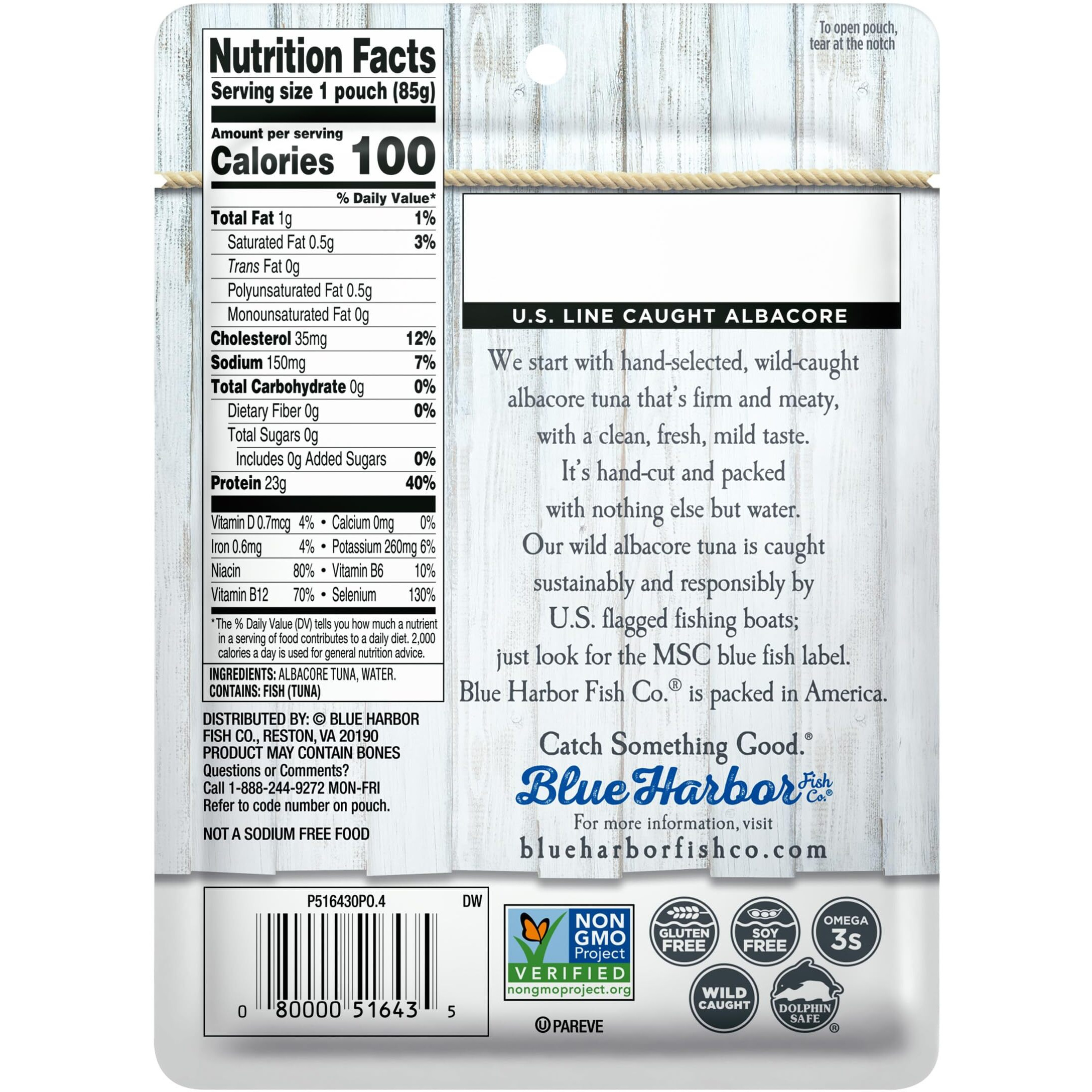 Blue Harbor Fish Co. Wild Albacore Tuna In Water No Salt Added - 3 Oz Pouch (Pack Of 12)