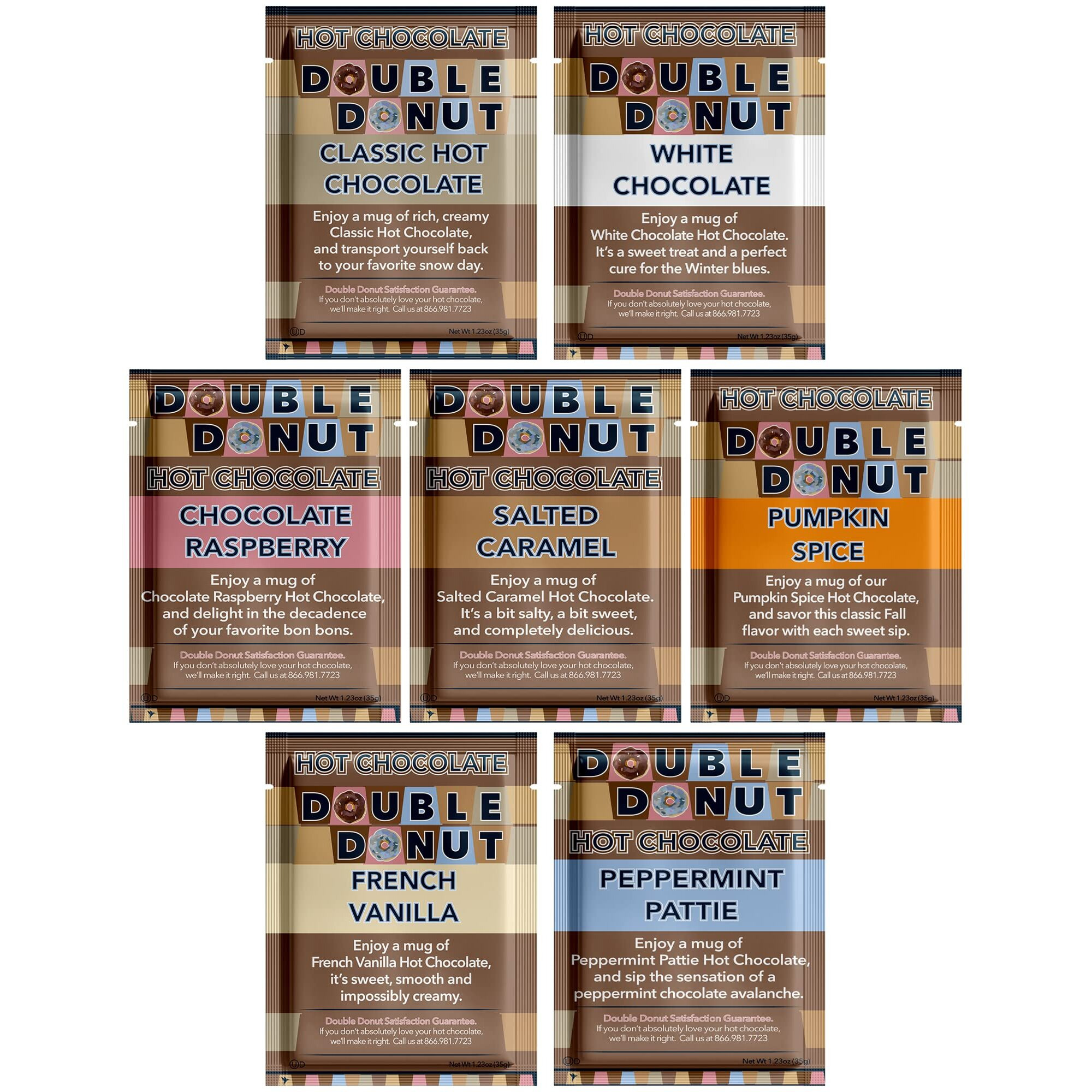 Double Donut Flavored Hot Chocolate Packets Variety Pack,18 Count Includes Classic, White Chocolate, Chocolate Raspberry, Salted Caramel, Pumpkin, French Vanilla & Peppermint