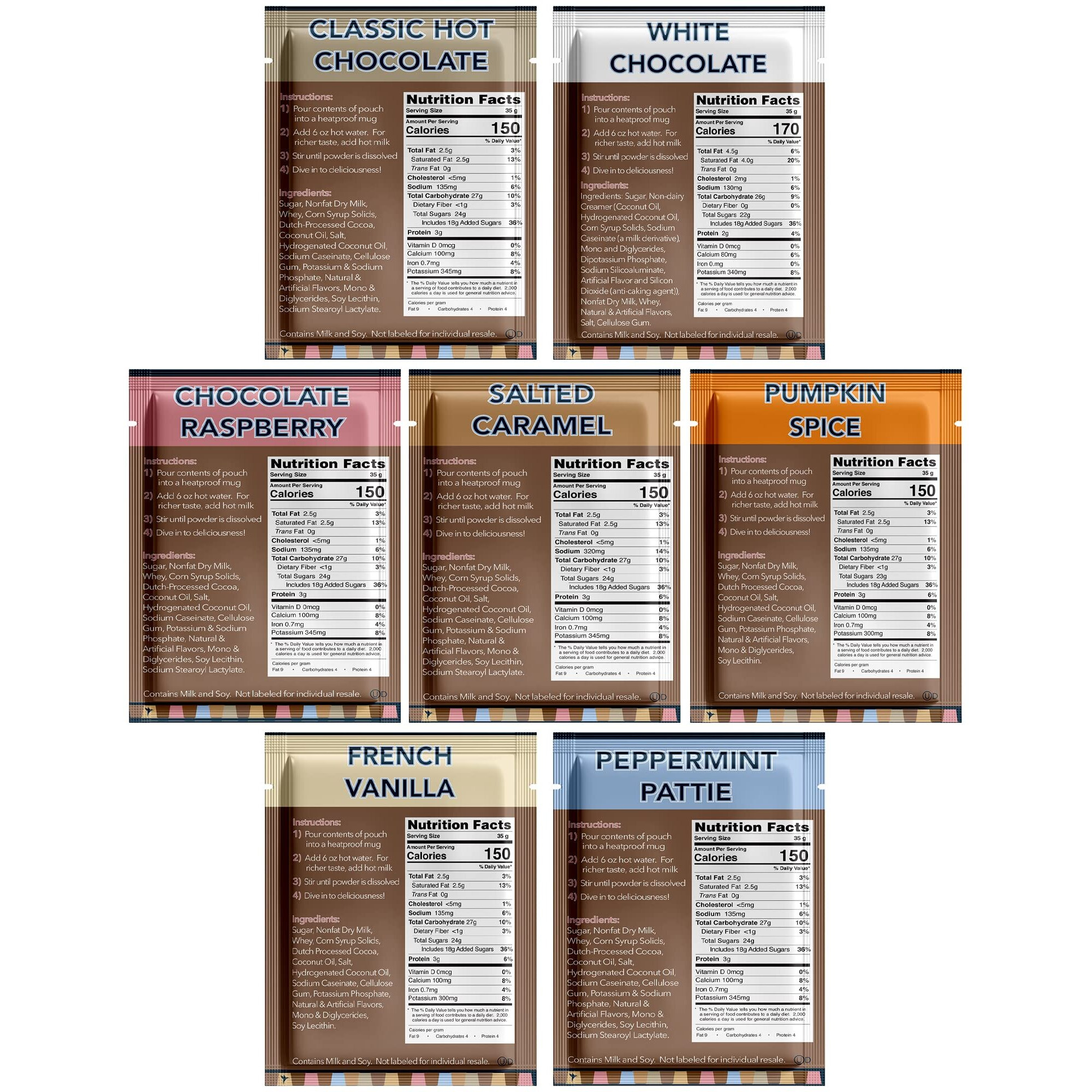 Double Donut Flavored Hot Chocolate Packets Variety Pack,18 Count Includes Classic, White Chocolate, Chocolate Raspberry, Salted Caramel, Pumpkin, French Vanilla & Peppermint