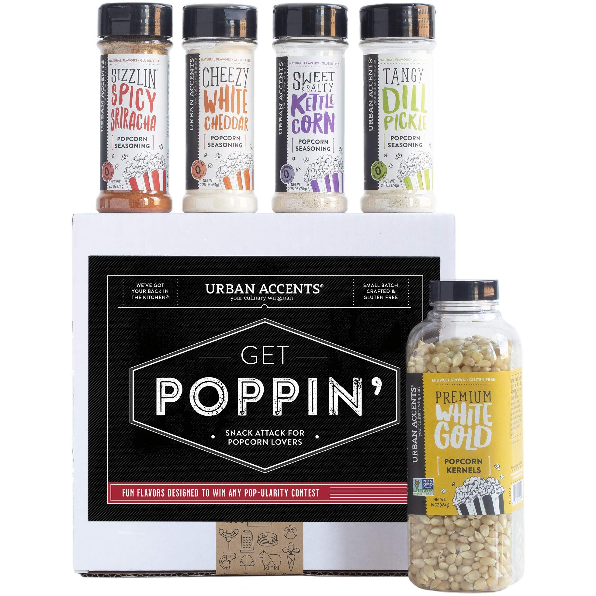 Urban Accents Get Poppin', Gourmet Popcorn Seasoning Gift Set (Set Of 5) - Delicious Non-Gmo Popcorn Kernels And 4 Gourmet Popcorn & Snack Mix Seasonings