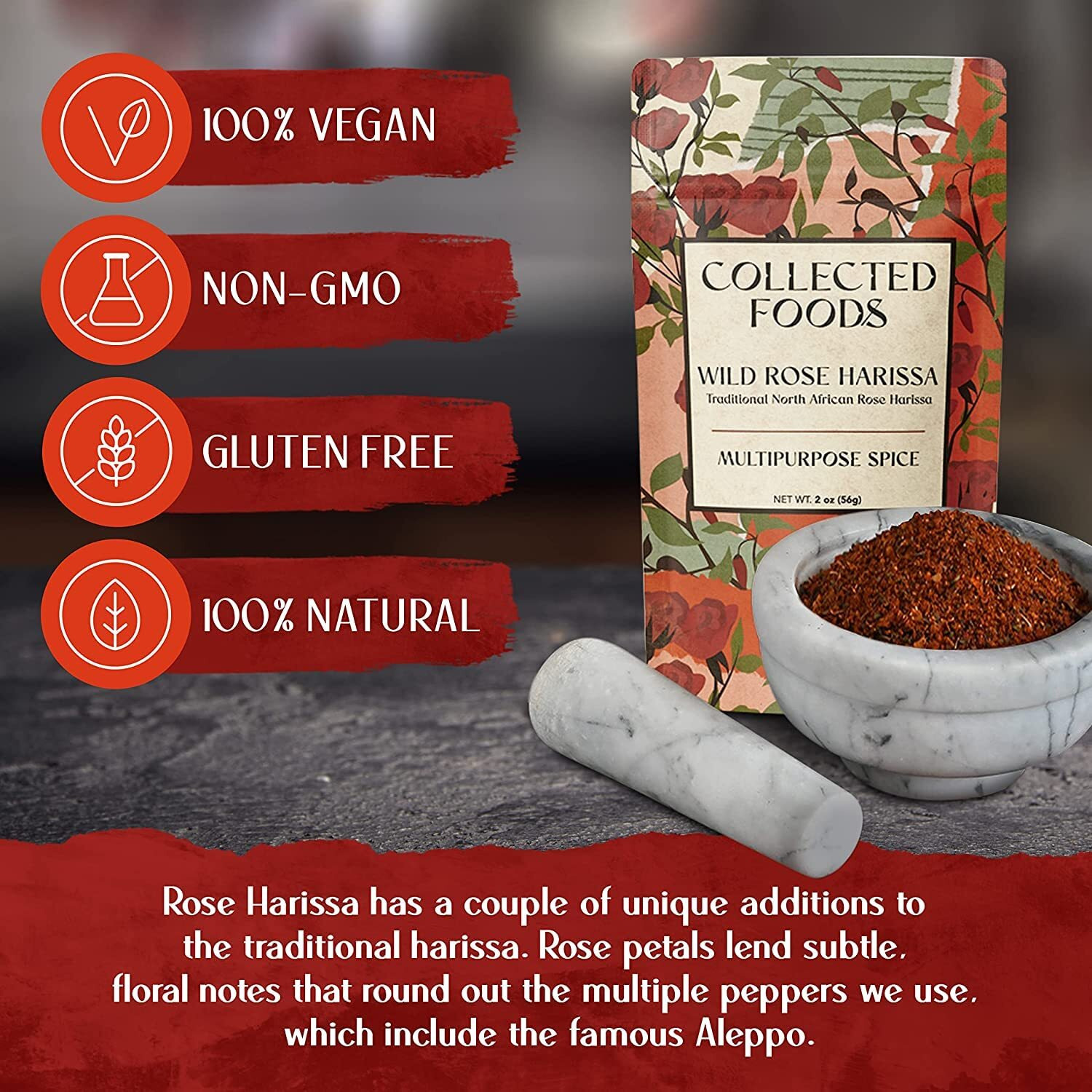 Premium Rose Harissa Spice A Beautifully Crafted Blend Of Peppers And Organic Rose Petals - Exclusive Small Batch Blend - 2 Oz (3 Packages)