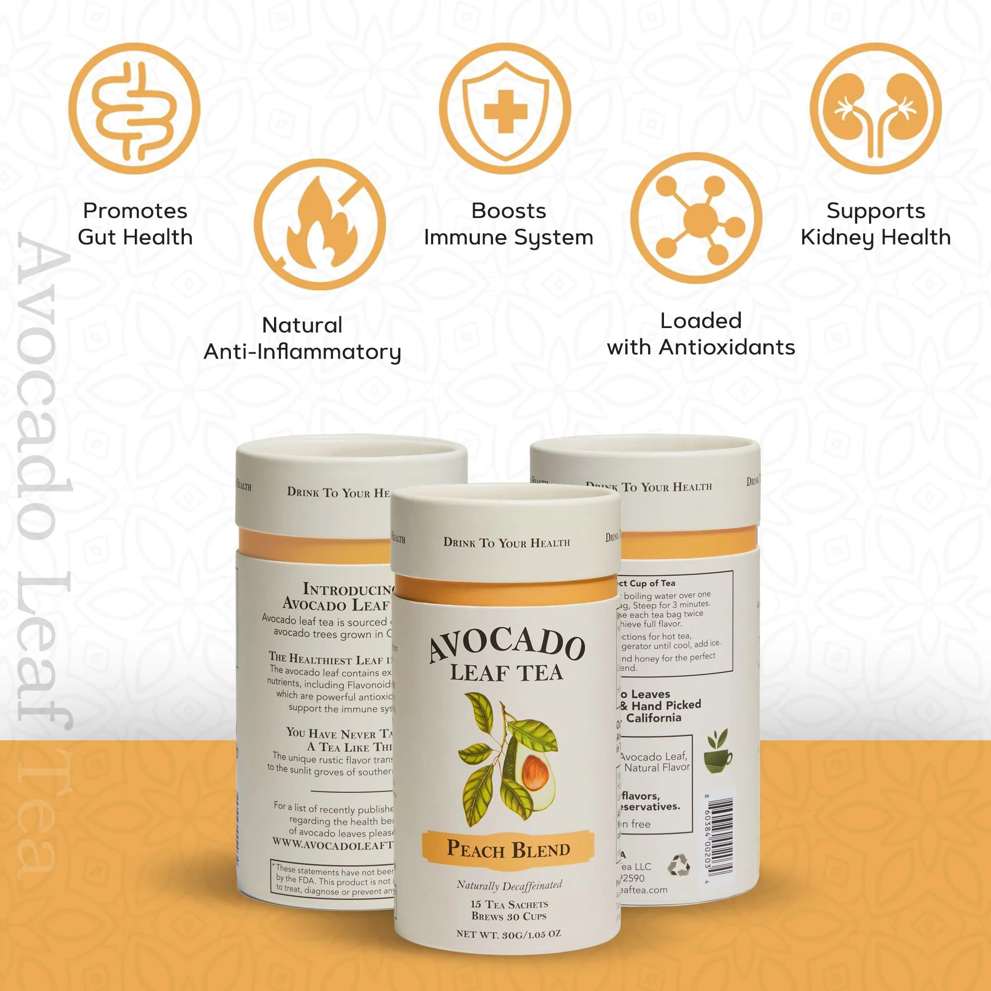 Avocado Leaf Tea Peach Tea - Caffeine-Free | Herbal Tea | Immune Support | Cold Brew Or Hot Tea | 15 Tea Bags -30 Servings (Gluten Free, Non-Gmo)