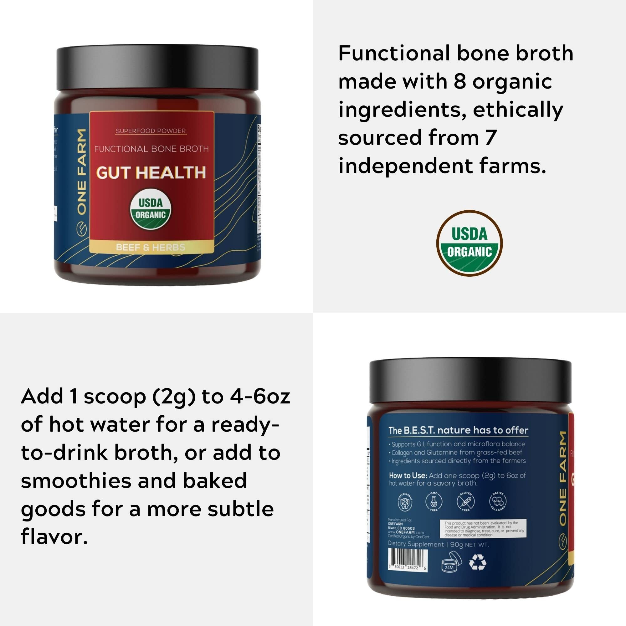 One Farm By Waayb Gut Health, Organic Gut Soothing Blend And Prebiotic Blend, Non-Gmo, Prebiotics With Bone Broth, Turkey Tail Mushroom, Slippery Elm, And Marshmallow Root For Gi Health