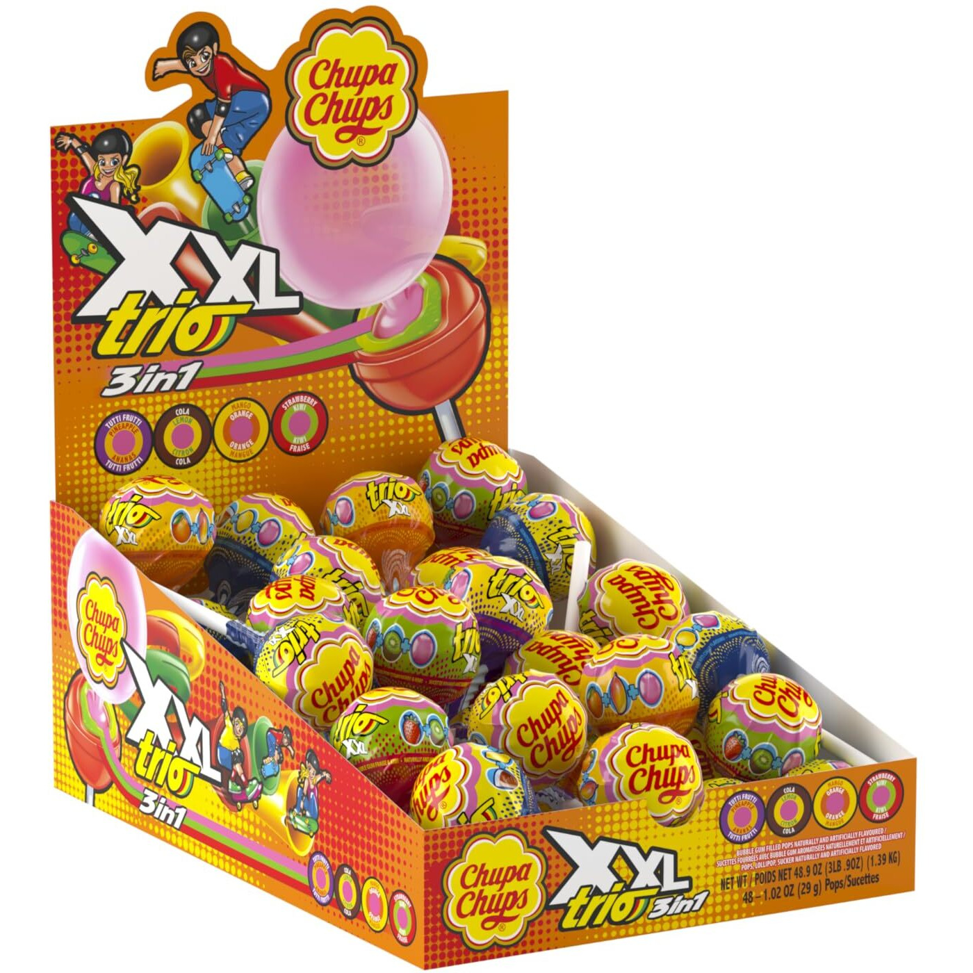 Chupa Chups Halloween Trick Or Treat Candy, Xxl Trio Bubble Gum Filled Lollipops, Individially Wrapped Extra Large Suckers For Parties Concessions Classroom Office, Pack Of 48