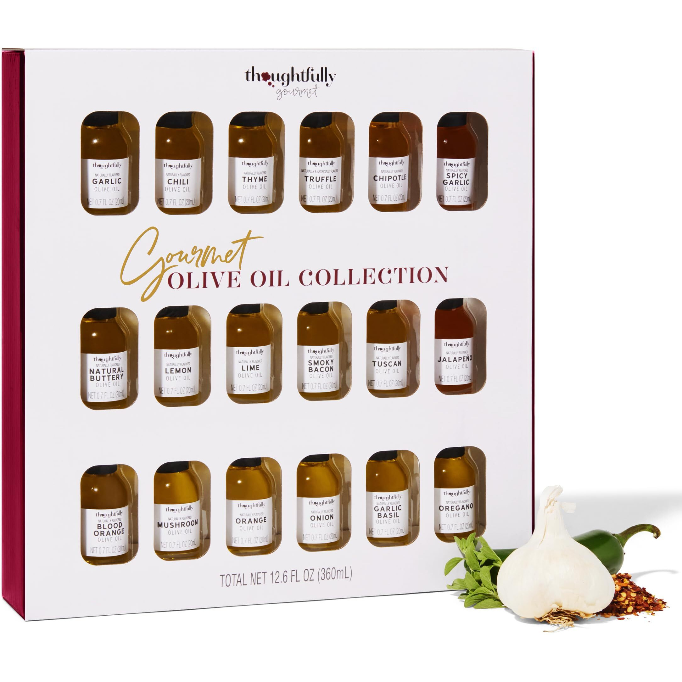 Thoughtfully Gourmet, Olive Oil Sampler Gift Set, Includes Uniquely Flavored Extra Virgin Cold Pressed Spanish Olive Oil, Flavors Include Garlic, Chili, Chipotle And More, Pack Of 18