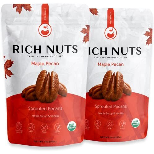 Rich Nuts Maple Pecan Gourmet Sprouted Pecans | Vegan, Paleo, Keto | Made With Maple Syrup, Vanilla Extract And Sea Salt | Non-Roasted From Dehyrdated Germinated Raw, Whole Pecans | 4 Oz Bag (2 Pack)