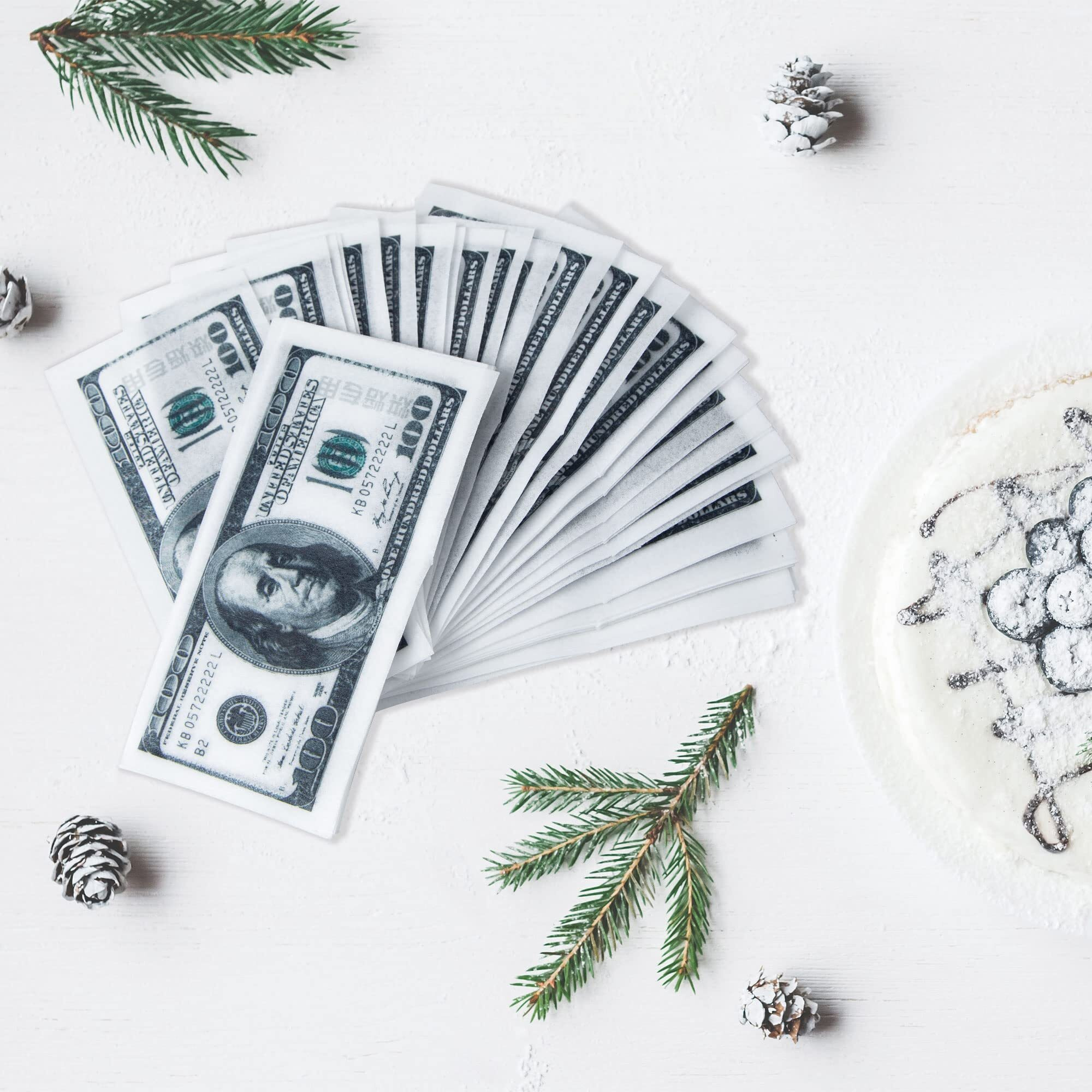 50Pcs Edible 100 Dollar Bill Image Cupcake Toppers Wafer Paper Fake Money Cake Decoration For Baby Shower Birthday Anniversary Party Supplies