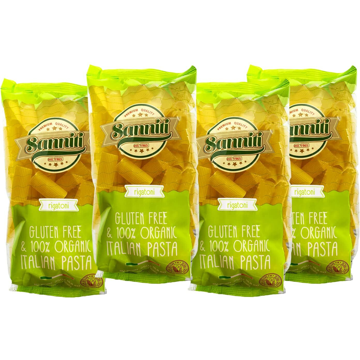 4 Pack, Gluten-Free Rigatoni Sanniti 100% Organic Italian Gluten Free European-Kosher Vegan Gmo-Free Rigatoni Pasta Made With Corn And Rice Imported From Italy, 8.8 Oz (Pack Of 4)