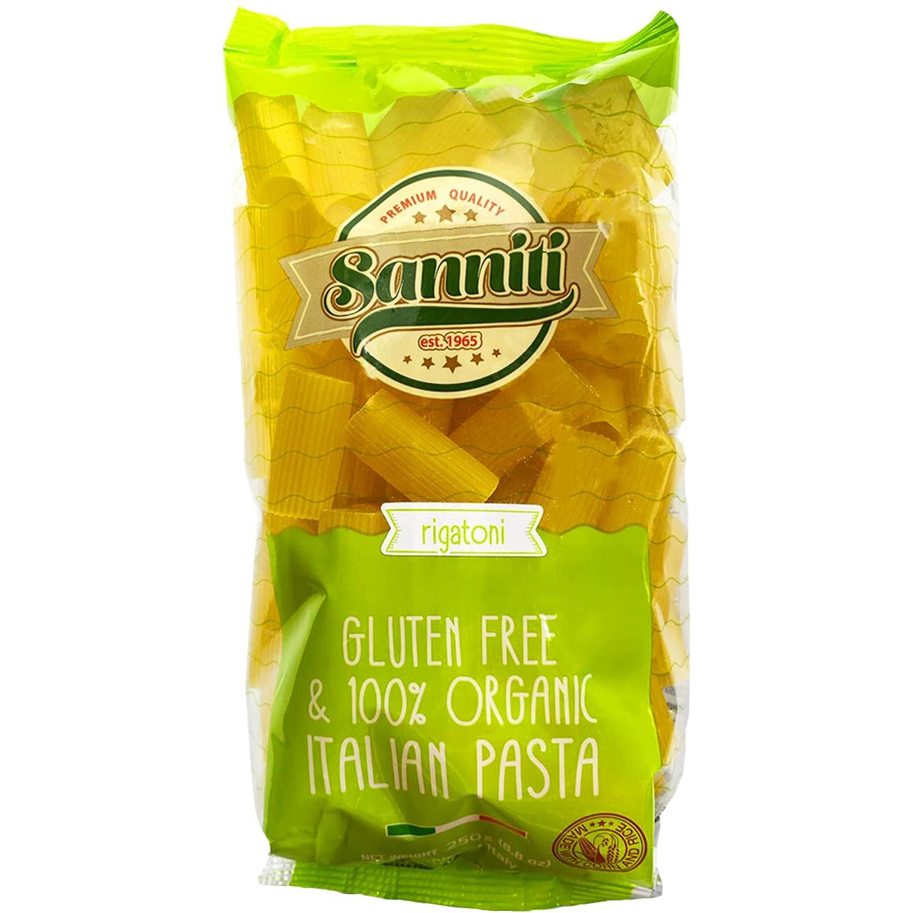 4 Pack, Gluten-Free Rigatoni Sanniti 100% Organic Italian Gluten Free European-Kosher Vegan Gmo-Free Rigatoni Pasta Made With Corn And Rice Imported From Italy, 8.8 Oz (Pack Of 4)