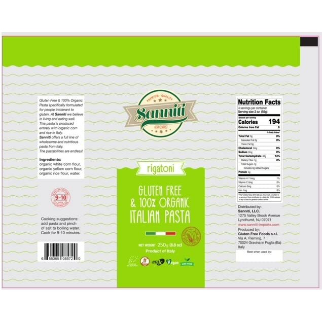 4 Pack, Gluten-Free Rigatoni Sanniti 100% Organic Italian Gluten Free European-Kosher Vegan Gmo-Free Rigatoni Pasta Made With Corn And Rice Imported From Italy, 8.8 Oz (Pack Of 4)