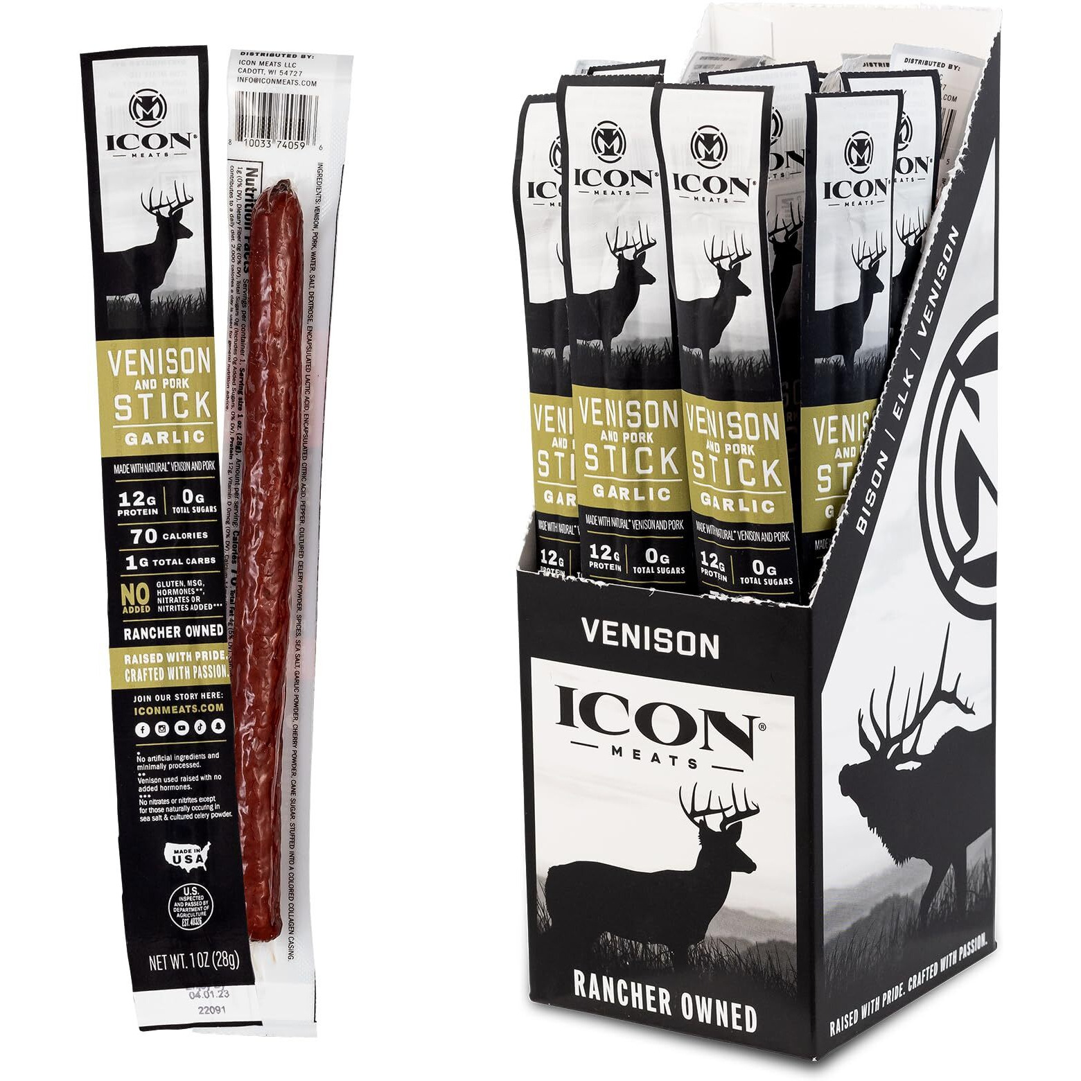 Icon Meats Venison And Pork Snack Sticks - Garlic Flavor - 24 Pack Of Individually Wrapped Meat Sticks, Usda Approved, All Natural Artisan Meats, Diet Friendly, High Protein, Low Calorie, Sugar Free
