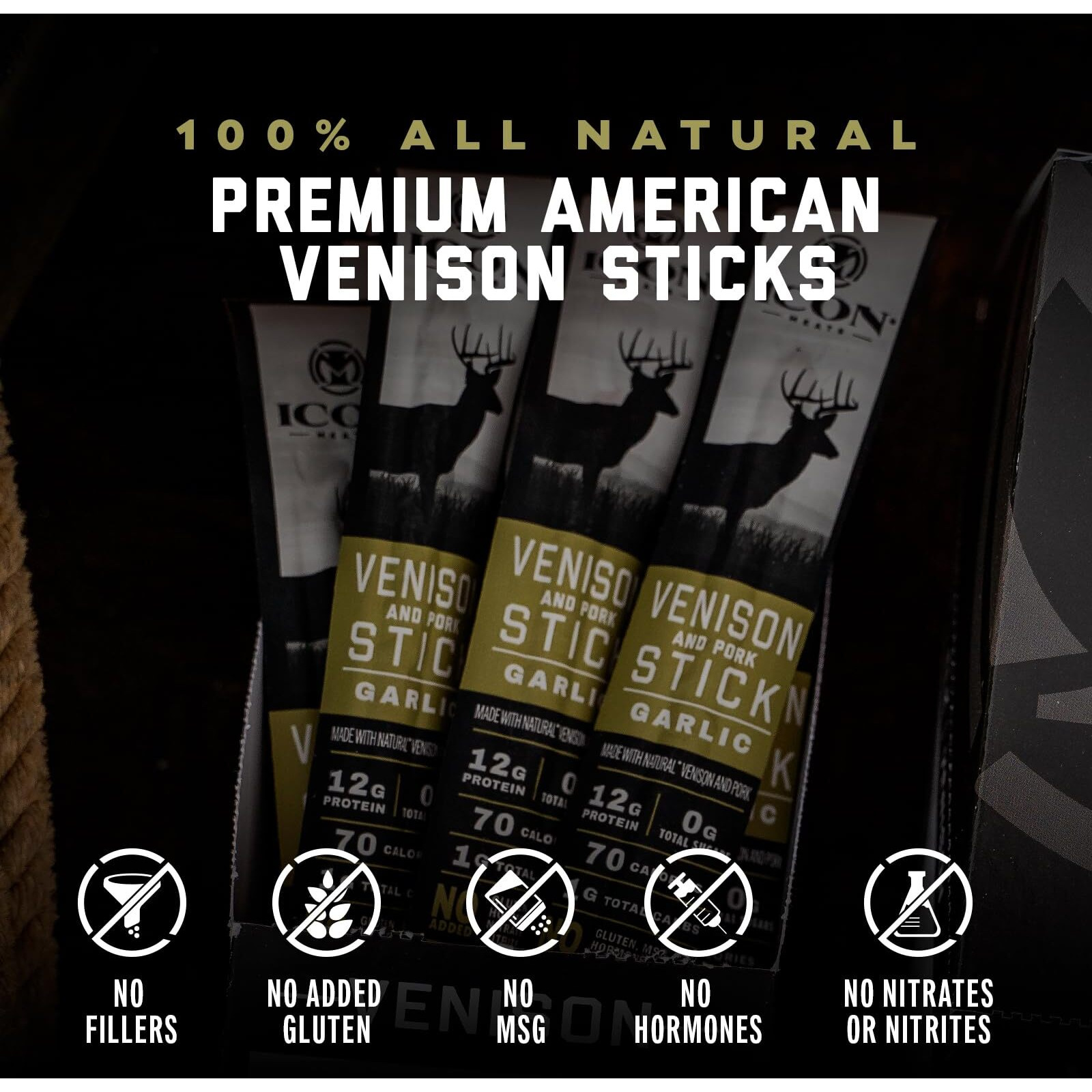 Icon Meats Venison And Pork Snack Sticks - Garlic Flavor - 24 Pack Of Individually Wrapped Meat Sticks, Usda Approved, All Natural Artisan Meats, Diet Friendly, High Protein, Low Calorie, Sugar Free