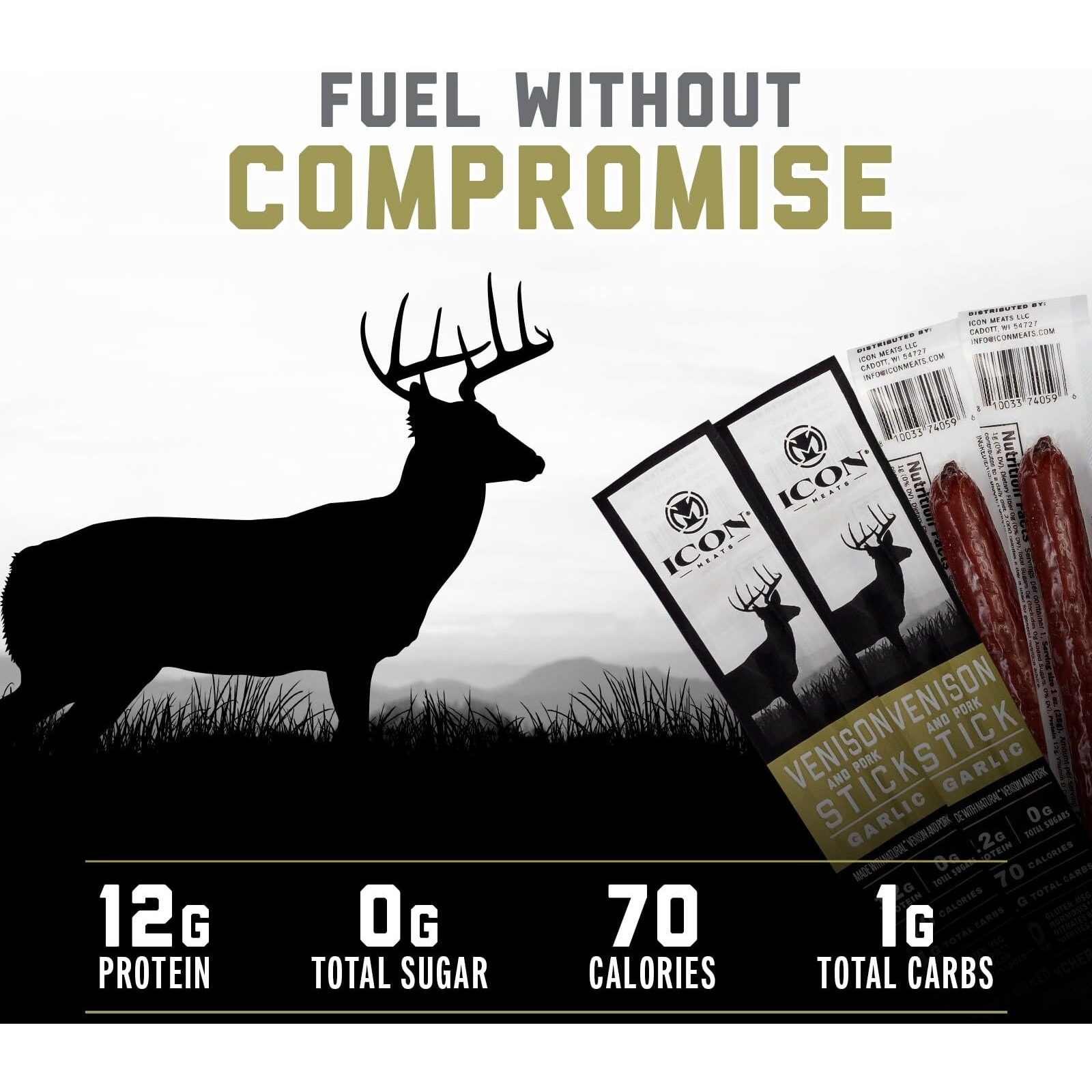 Icon Meats Venison And Pork Snack Sticks - Garlic Flavor - 24 Pack Of Individually Wrapped Meat Sticks, Usda Approved, All Natural Artisan Meats, Diet Friendly, High Protein, Low Calorie, Sugar Free