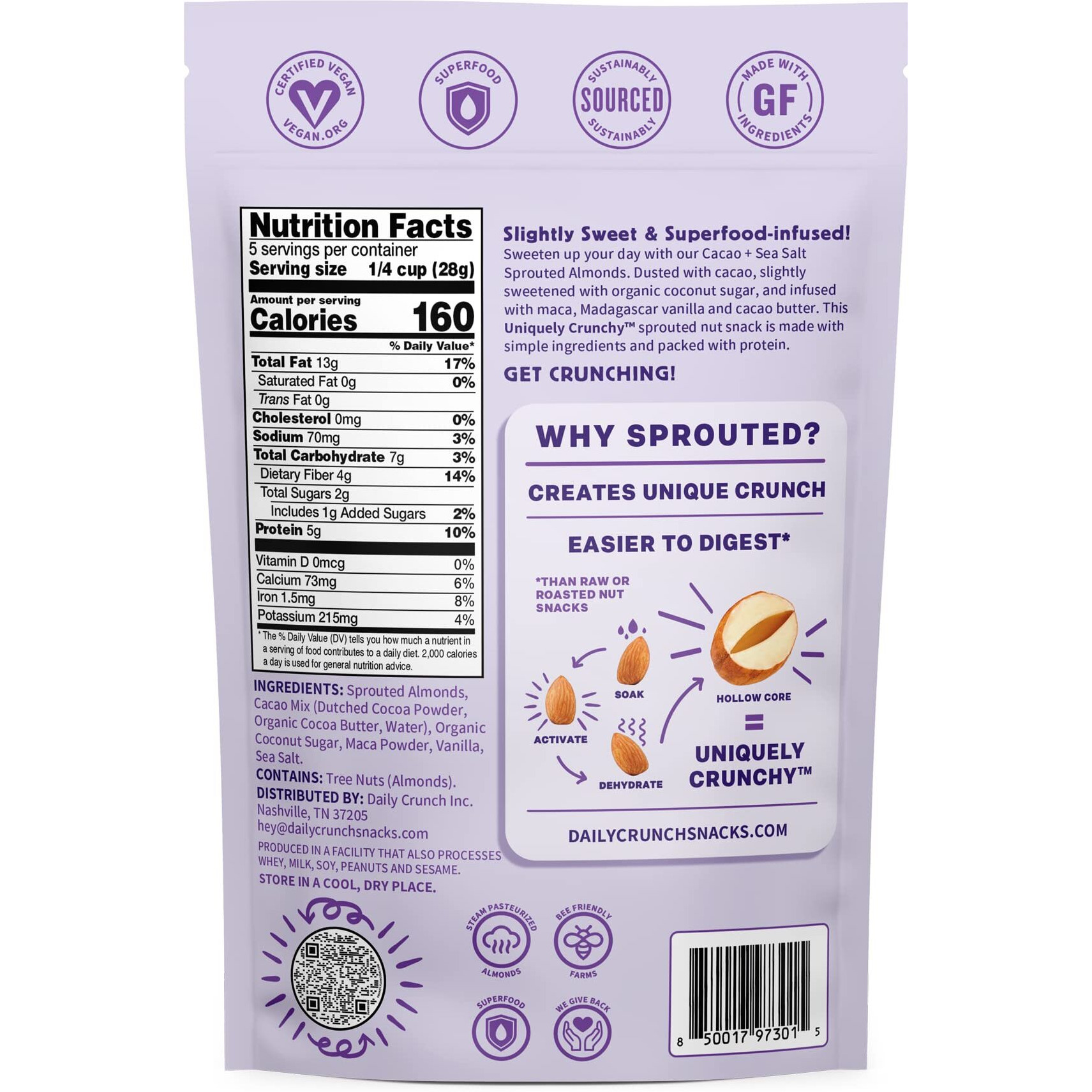 Daily Crunch Sprouted Almonds, 5 Ounce Resealable Bags (Cacao And Sea Salt, 2 Pack) Packaging May Vary - Sprouted And Dehydrated For A Unique Crunch, Keto Friendly, Non-Gmo, Oil And Salt Free, Vegan, Healthy Snack