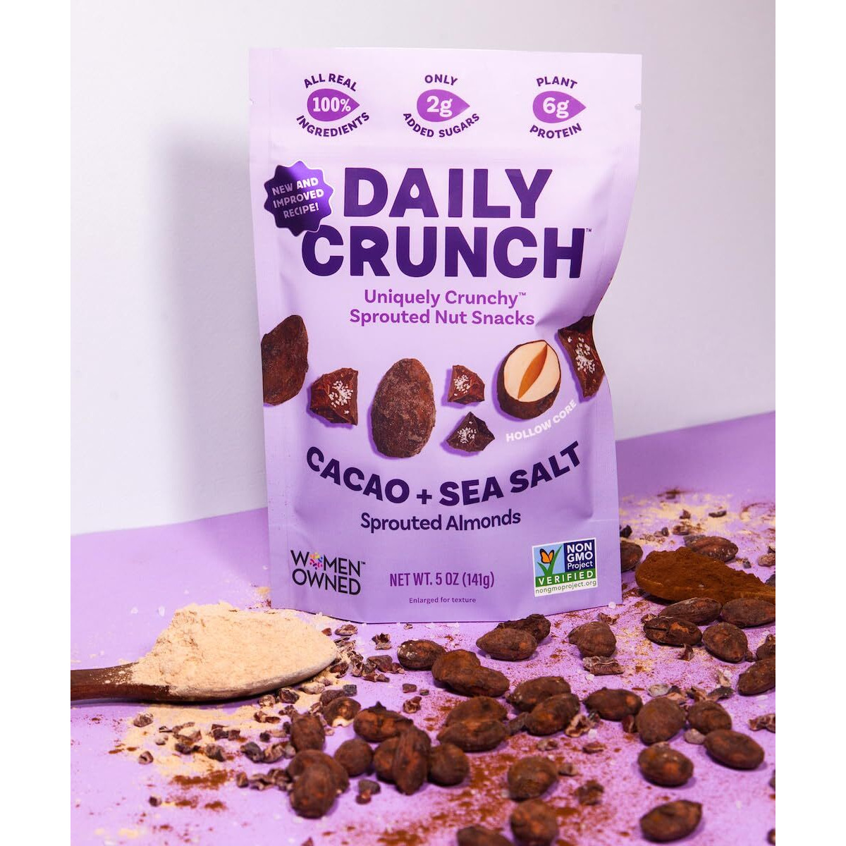 Daily Crunch Sprouted Almonds, 5 Ounce Resealable Bags (Cacao And Sea Salt, 2 Pack) Packaging May Vary - Sprouted And Dehydrated For A Unique Crunch, Keto Friendly, Non-Gmo, Oil And Salt Free, Vegan, Healthy Snack