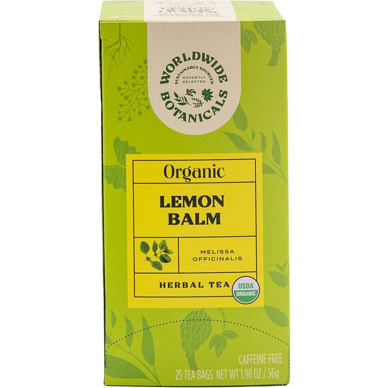Worldwide Botanicals Organic Lemon Balm Tea - 50% More Herbs With 2.25G Per Tea Bag - 100% Pure Lemon Balm Leaves, Kosher, 25 Tea Bags