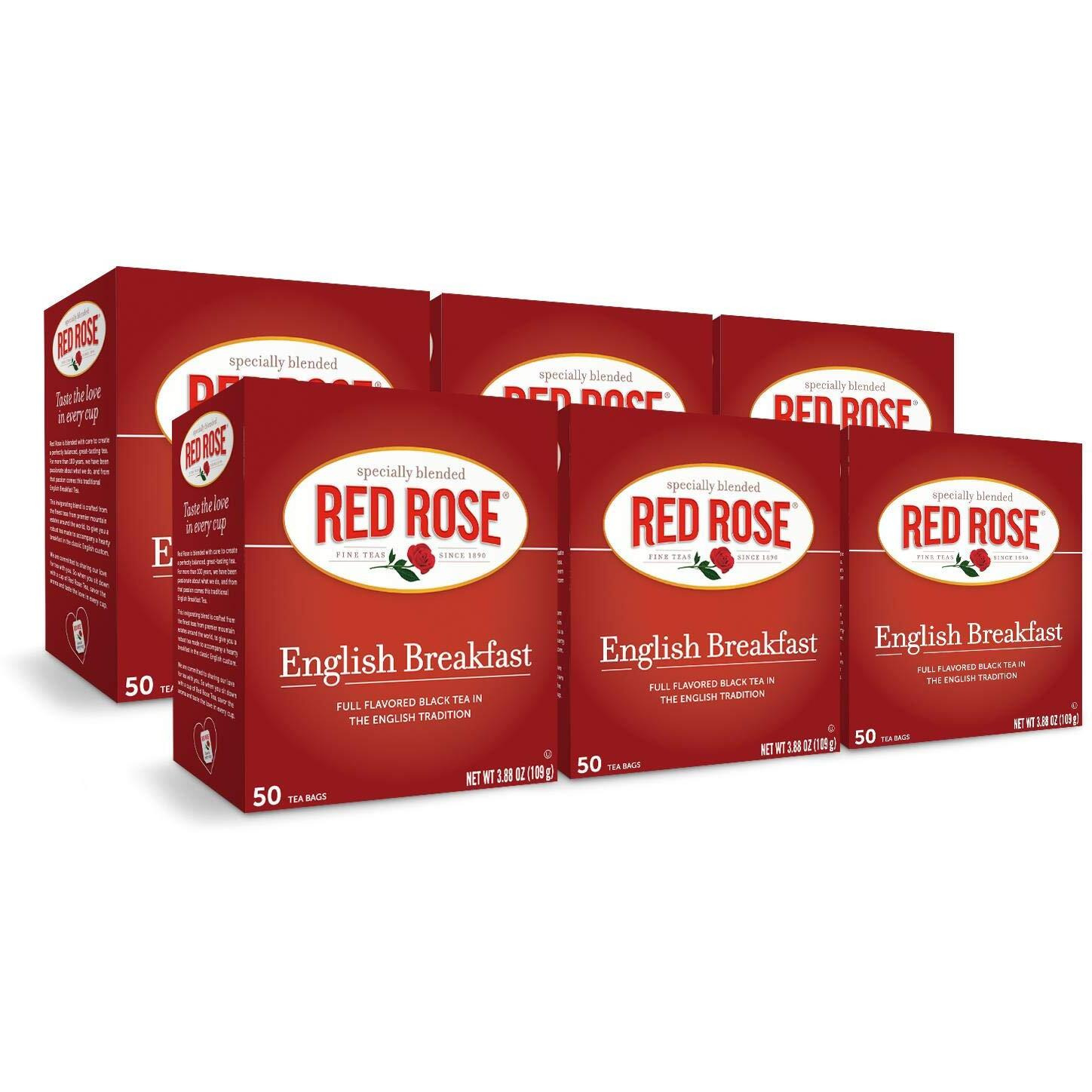 Red Rose English Breakfast Tea Specially Blended Strong Robust Black Tea With 50 Individually Wrapped Tea Bags Per Box (Pack Of 6) Contains Caffeine Brew Hot Full Flavored Black Tea In The English Tradition