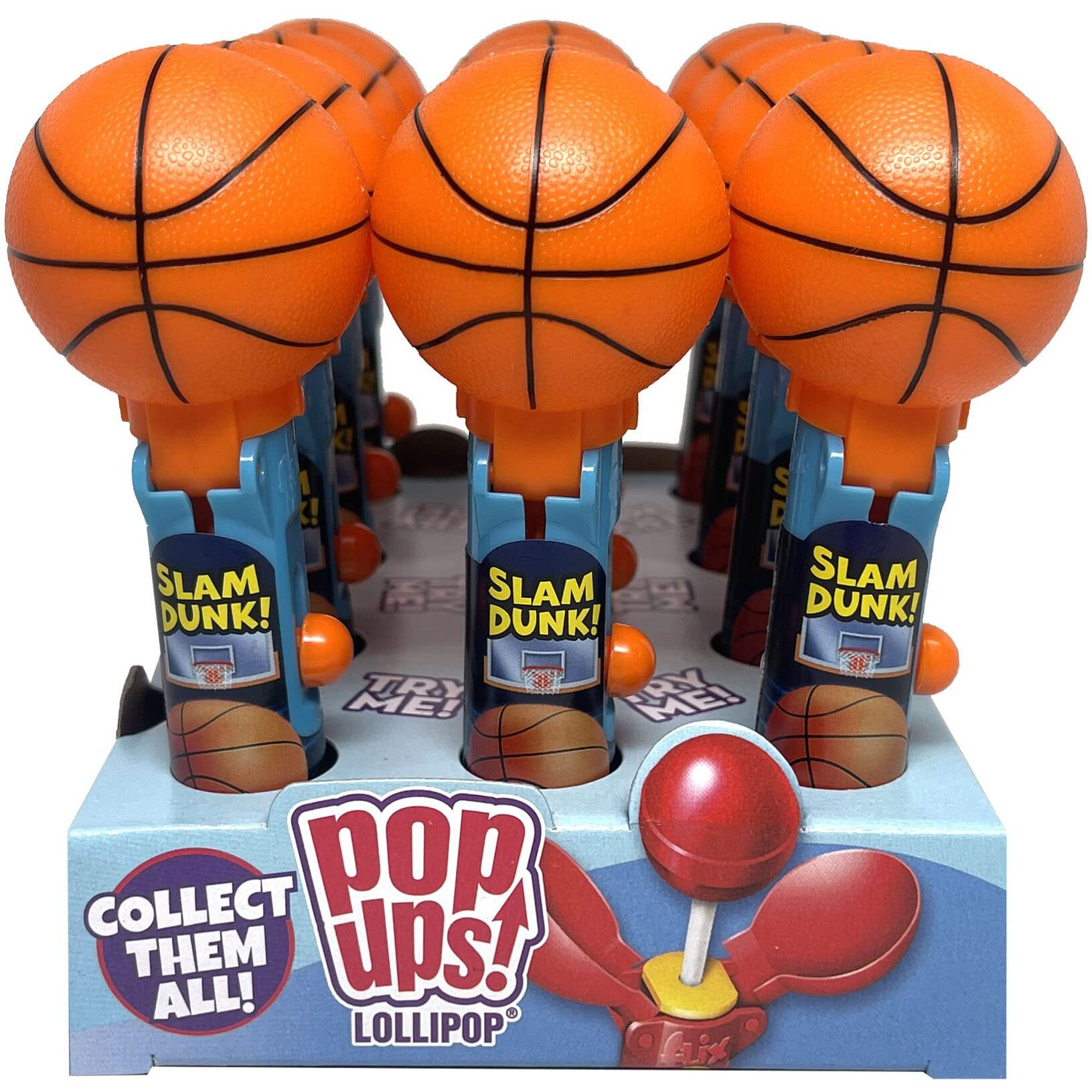 Pop Ups Basketball Lollipop Holder - 12 Lollipops With Cases - Individually Wrapped Candy Party Favors - Basketball Candy - Bulk Set Of 12