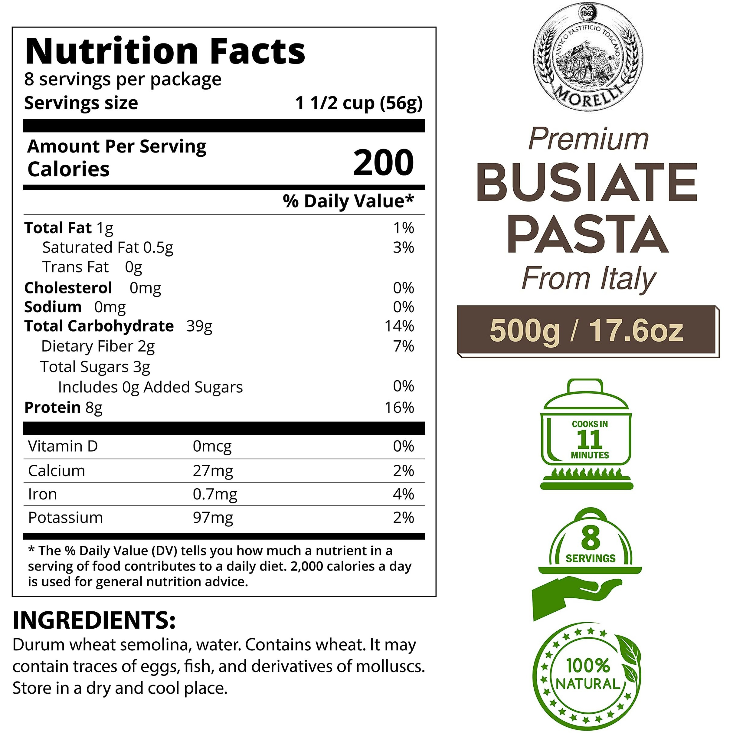 Morelli Spiral Pasta - Organic Premium Durum Wheat Semolina Italian Pasta From Italy - Protein-Rich, Ancient Grains, All Natural, Gourmet Italian - Busiate Pasta (Trofie, Gemelli) 17.6 Oz - Pack Of 2