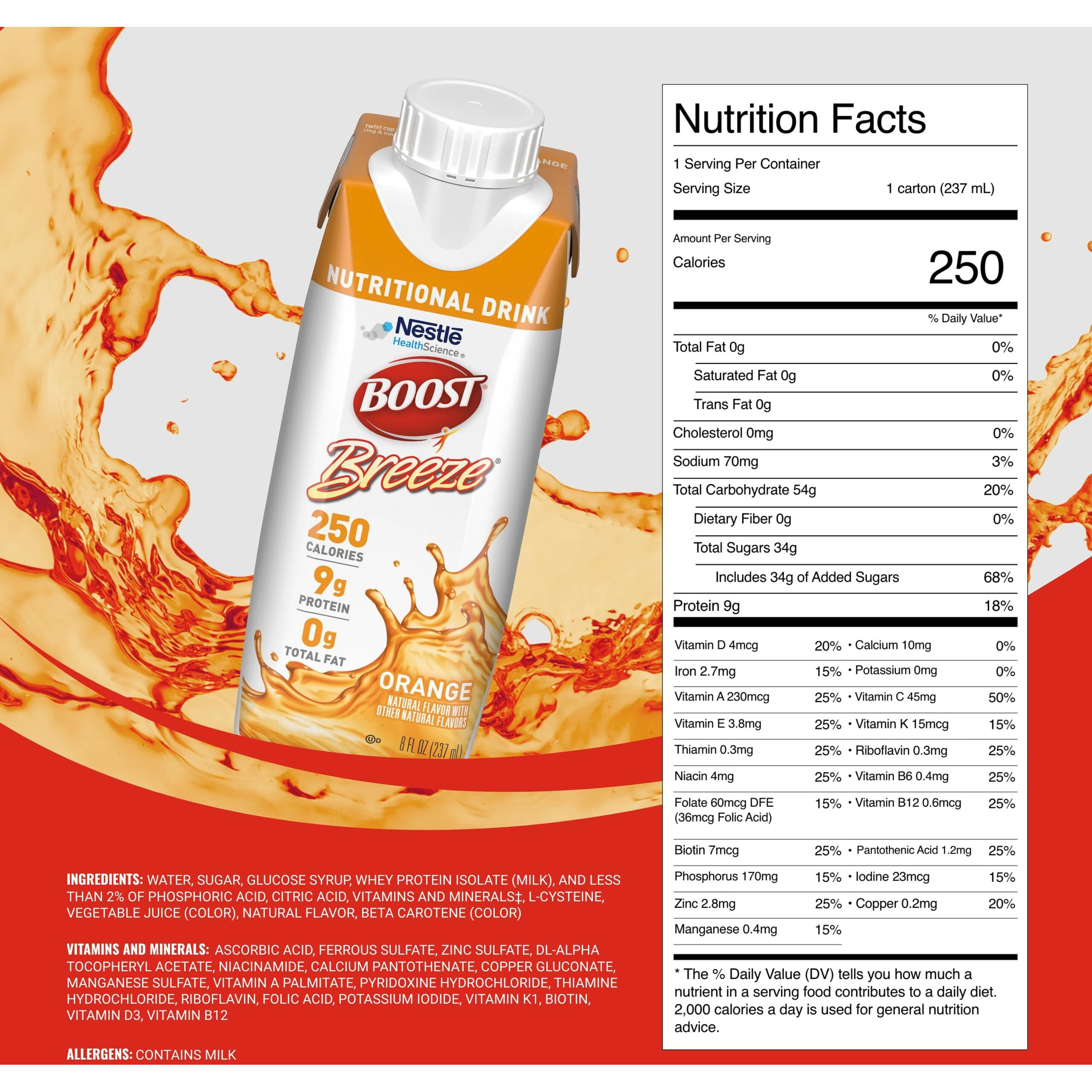 Boost Breeze Clear Nutritional Drink, 9G Protein, 250 Nutrient-Rich Calories, Orange, 8 Fl Oz (Pack Of 24)