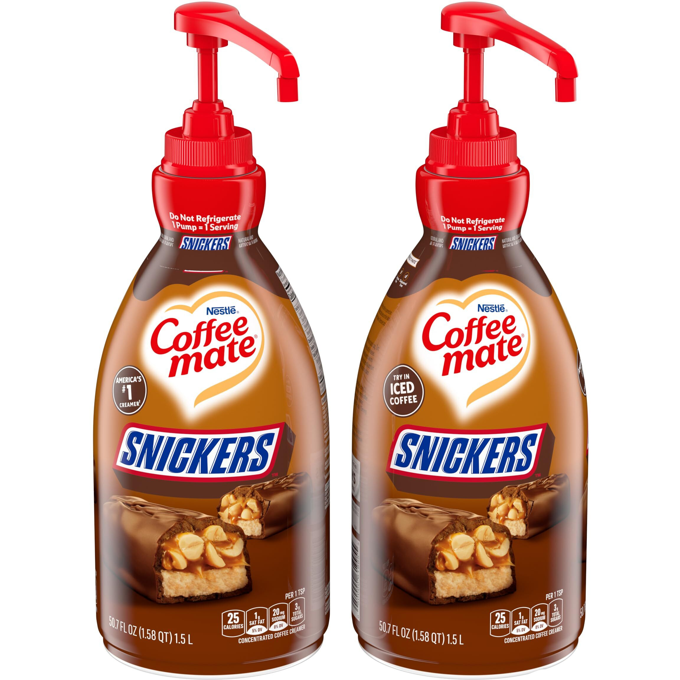 Nestle Coffee Mate Coffee Creamer, Snickers, Concentrated Liquid Pump Bottle, Non Dairy, No Refrigeration, 50.7 Fl Oz (Pack Of 2)