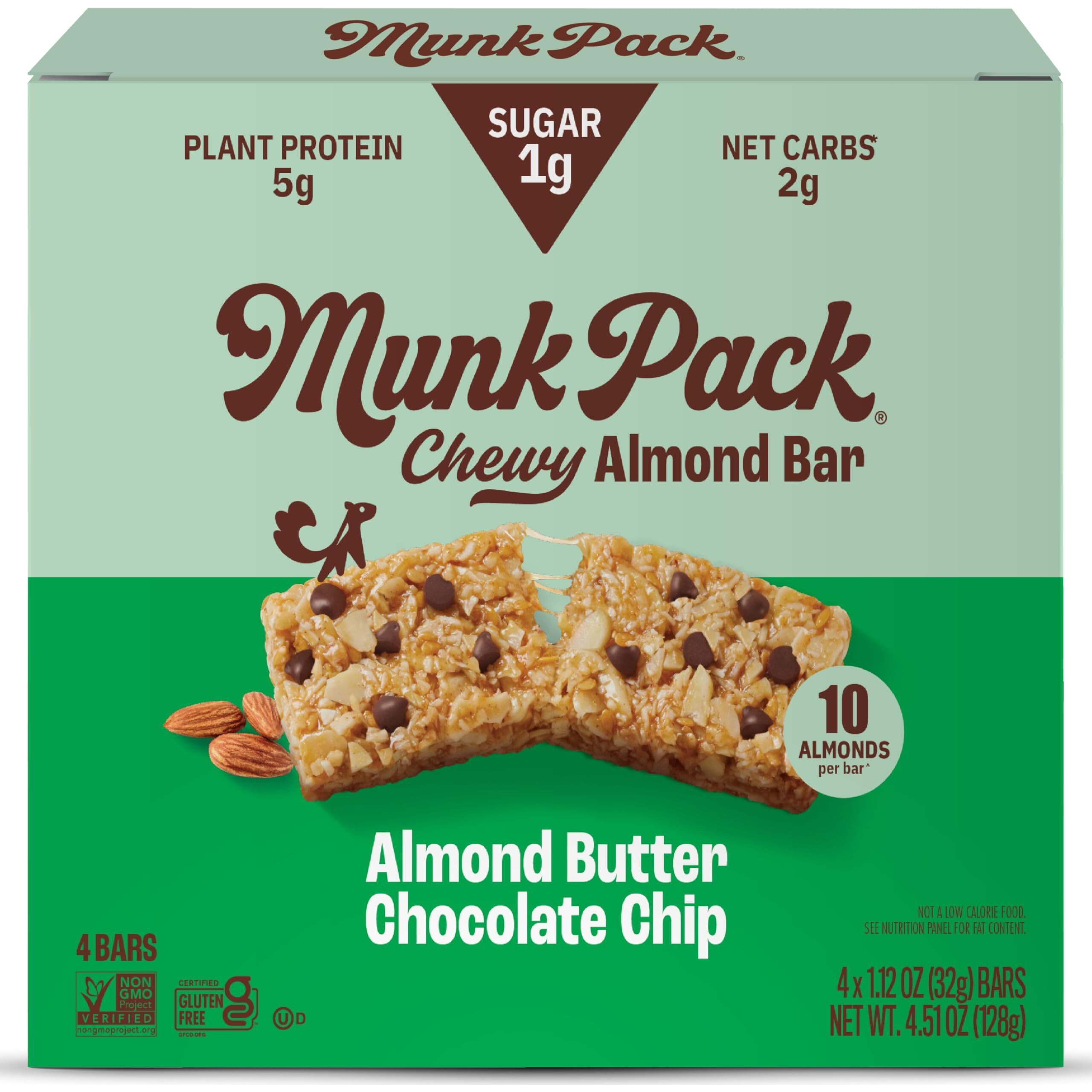 Munk Pack Chewy Almond Bar, Almond Butter Chocolate Chip - 1G Sugar, 5G Protein, Low Carb & Keto - Gluten Free, Grain Free, Plant Based - Zero Added Sugar Breakfast & Snack Bars, 12 Bars