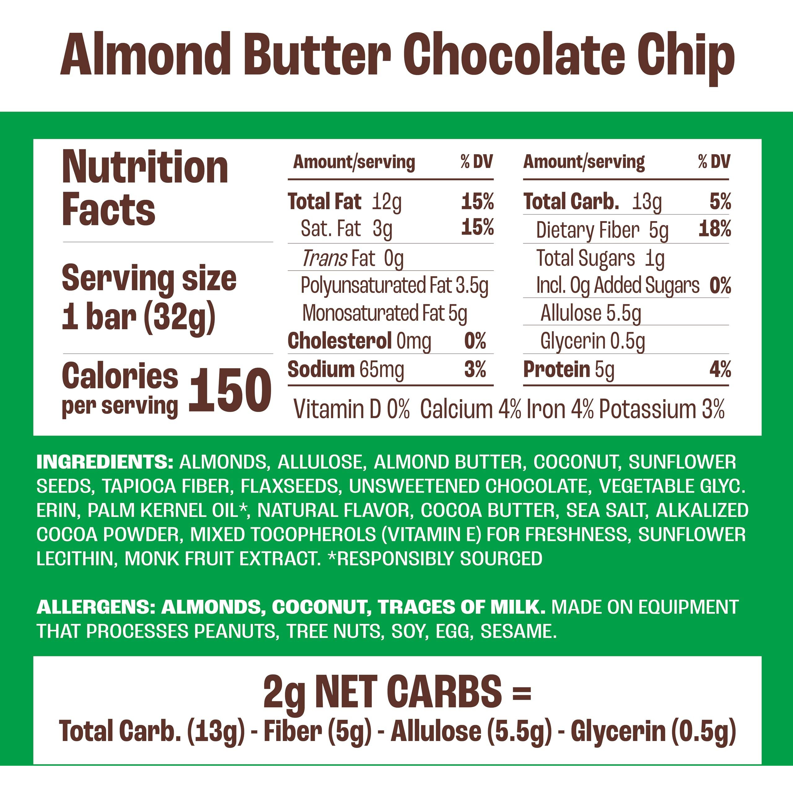 Munk Pack Chewy Almond Bar, Almond Butter Chocolate Chip - 1G Sugar, 5G Protein, Low Carb & Keto - Gluten Free, Grain Free, Plant Based - Zero Added Sugar Breakfast & Snack Bars, 12 Bars