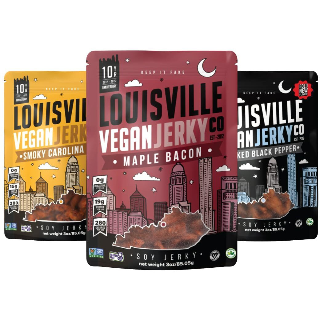 Louisville Vegan Jerky Co. Best Sellers 1 Variety Bundle Vegan Jerky 3 Oz. 3 Pack (Smoky Carolina Bbq, Smoked Black Pepper, Maple Bacon)