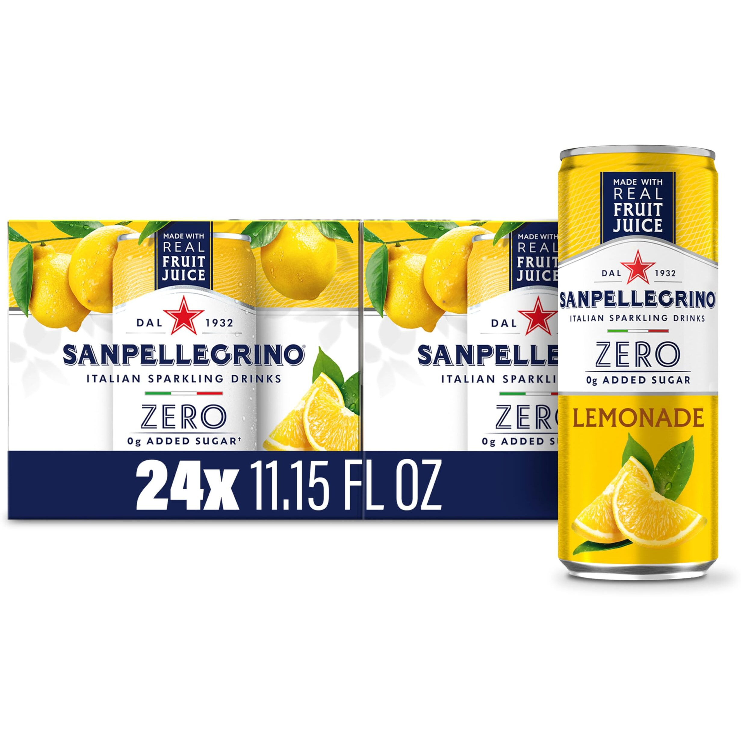 Sanpellegrino Zero Grams Added Sugar Italian Sparkling Drinks Lemonade, Sparkling Lemon Beverage, 24 Pack Of 11.15 Fl Oz Cans