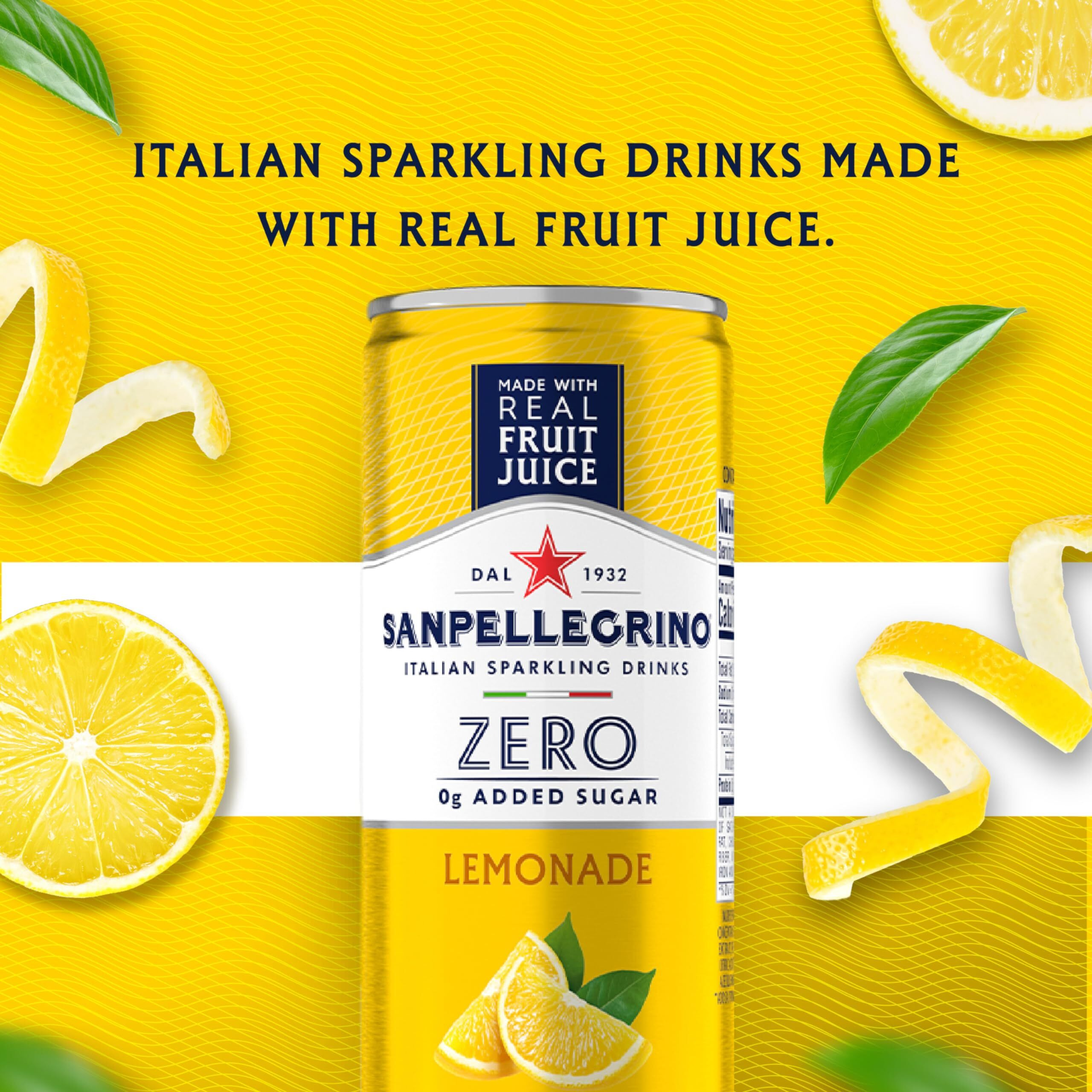 Sanpellegrino Zero Grams Added Sugar Italian Sparkling Drinks Lemonade, Sparkling Lemon Beverage, 24 Pack Of 11.15 Fl Oz Cans