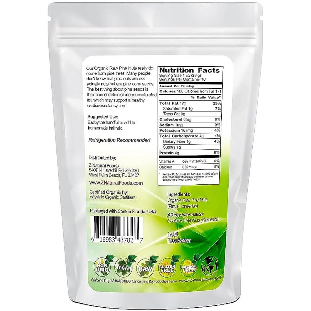 Z Natural Foods Raw Organic Pine Nuts, All Natural, 100% Pure, Vegan, Non-Gmo, Kosher, Gluten-Free Snacks, Keto-Friendly Snacks, 1 Lb